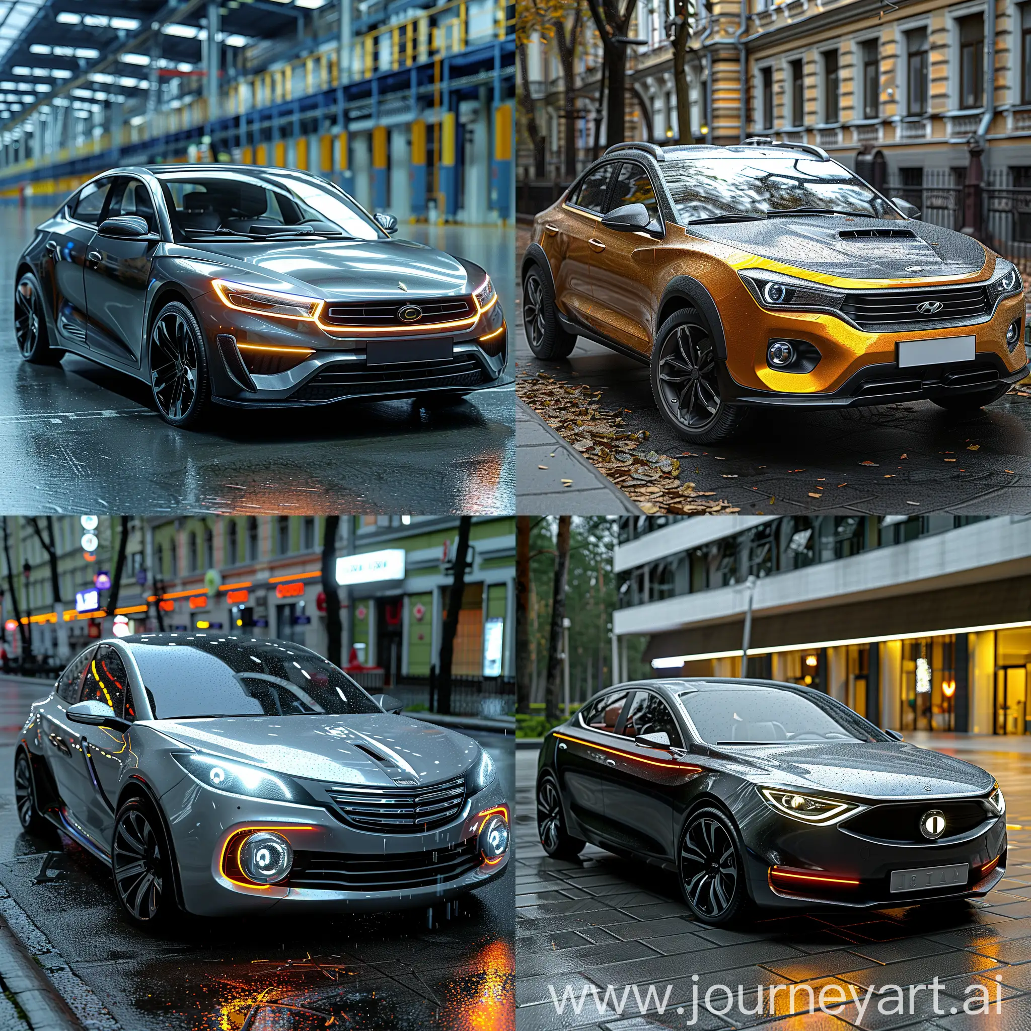 Futuristic LADA Vesta https://upload.wikimedia.org/wikipedia/commons/thumb/8/85/Lada_Vesta_%28cropped%29.jpg/280px-Lada_Vesta_%28cropped%29.jpg:: Autonomous Driving, Electric Powertrain, Advanced Safety Systems, Augmented Reality Heads-Up Display:, Biometric Recognition, Smart Materials, Holographic Infotainment System, Self-Healing Paint, Advanced Connectivity, Sustainable Materials, octane render --stylize 1000
