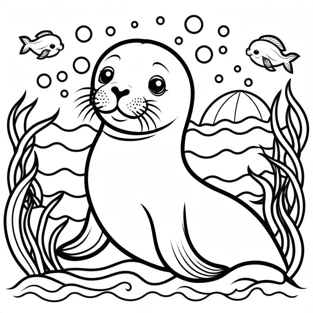 Cute sea lion simple for Kids coloring book Black and White