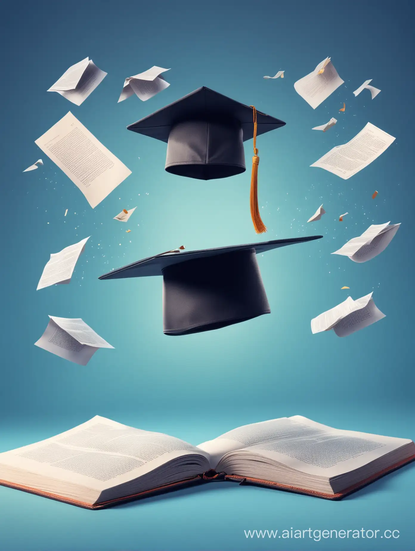 Education-Concept-Floating-Student-Caps-Textbooks-and-Test-Papers-on-Blue-Gradient-Background