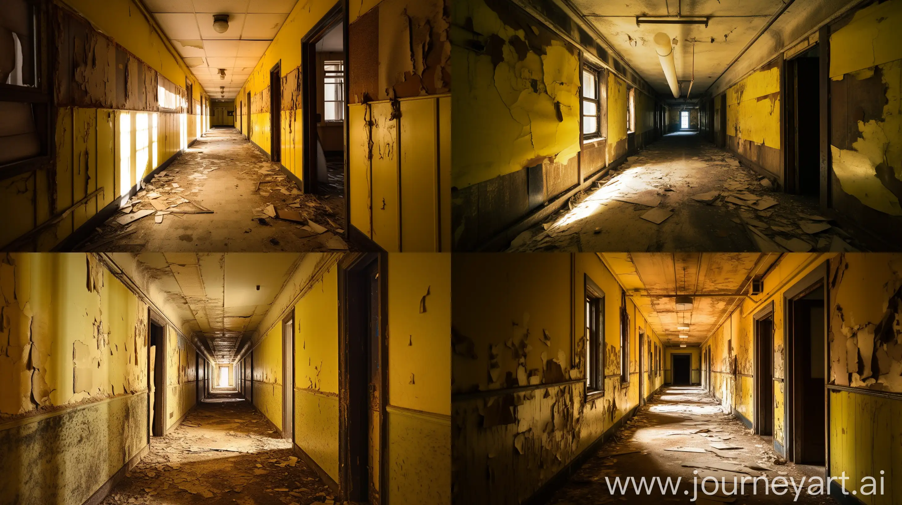 A dilapidated office hallway resembling a labyrinth, with walls painted in faded yellow, the carpet worn and stained with age, harsh fluorescent lighting casting eerie shadows, conveying a sense of abandonment and isolation, Photography, shot with a wide-angle lens to capture the entire hallway, --ar 16:9 --v 5