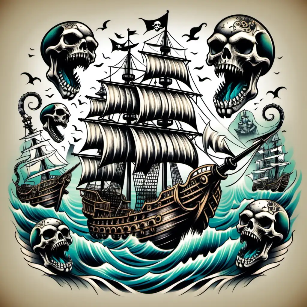 pirate ship, skulls and a sea monster, scary tattoo style