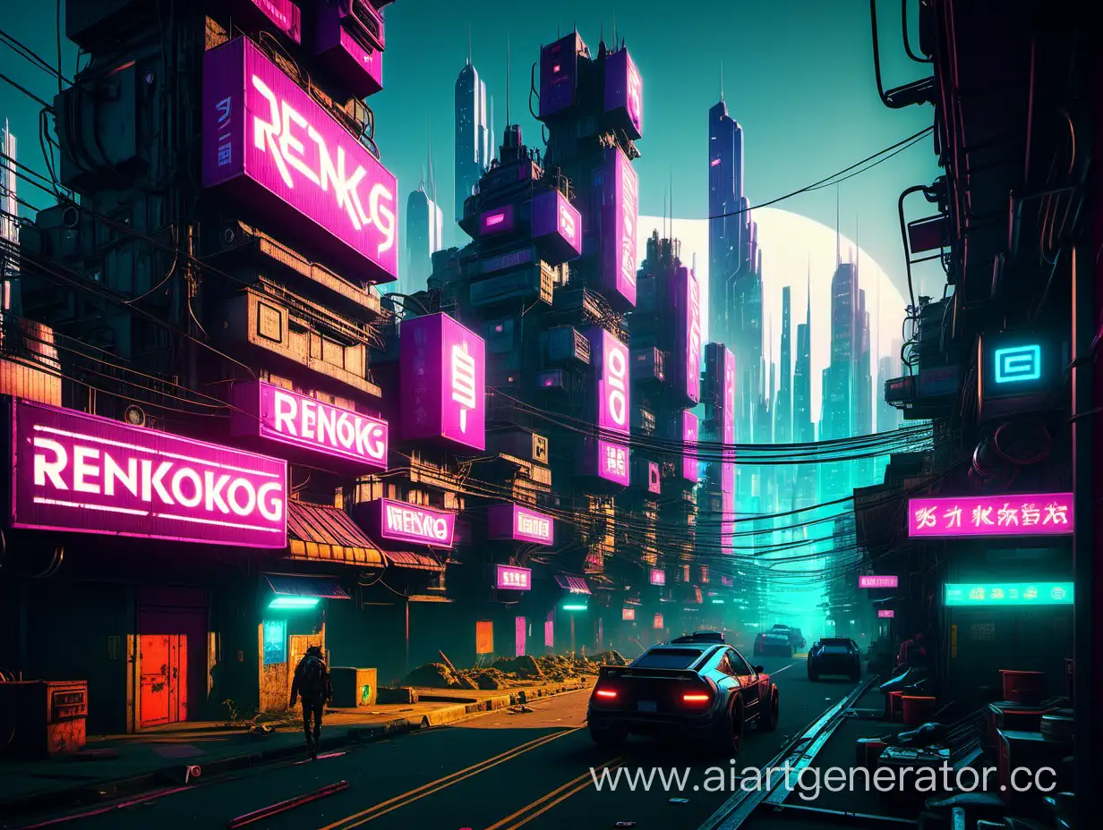 Неоновый город Ренгког в утренних лучах солнца, 2091 год, стиль киберпанк, с технологией трассировки лучей, ультра-высокое разрешение