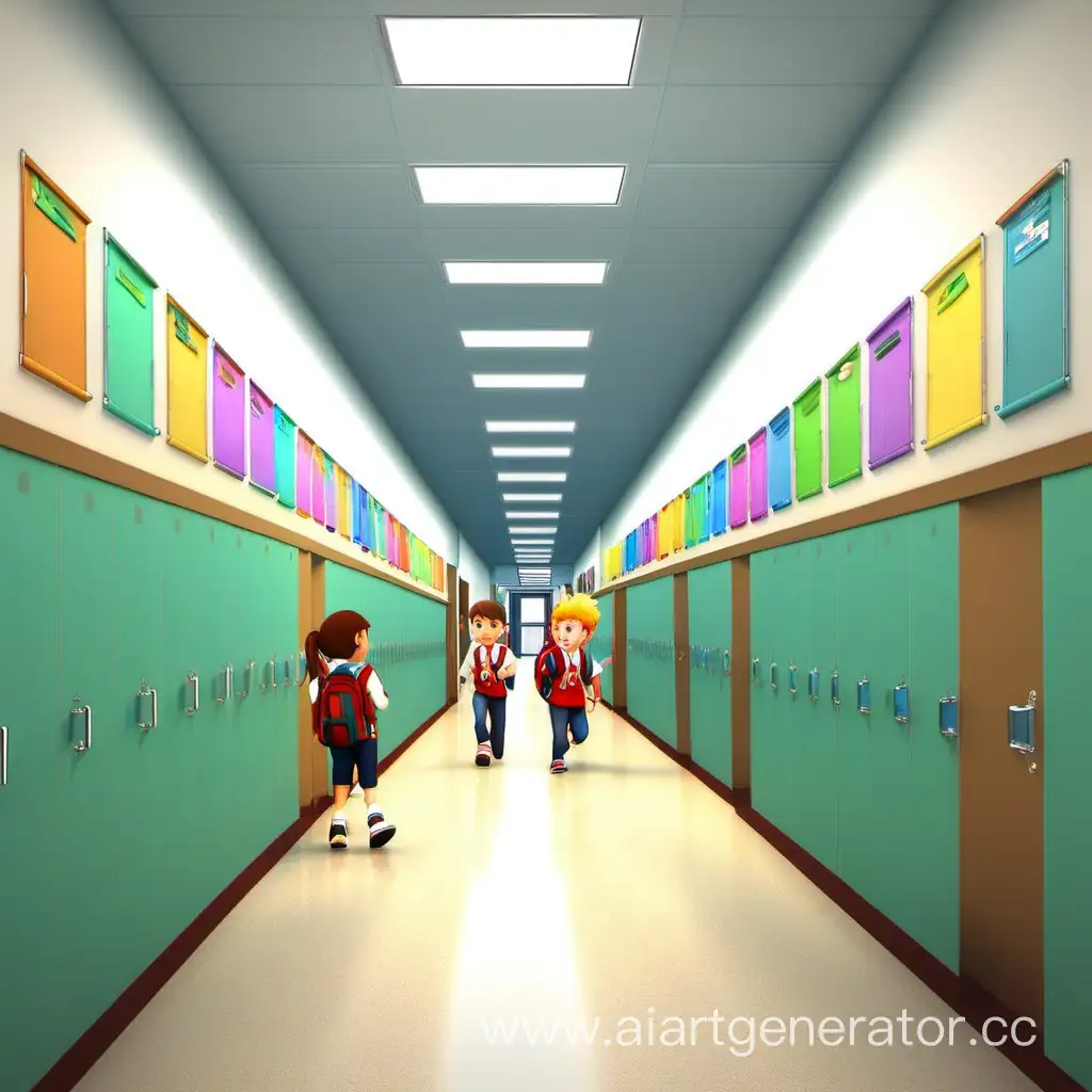Vibrant-School-Corridor-with-Enthusiastic-First-Graders-Exploring