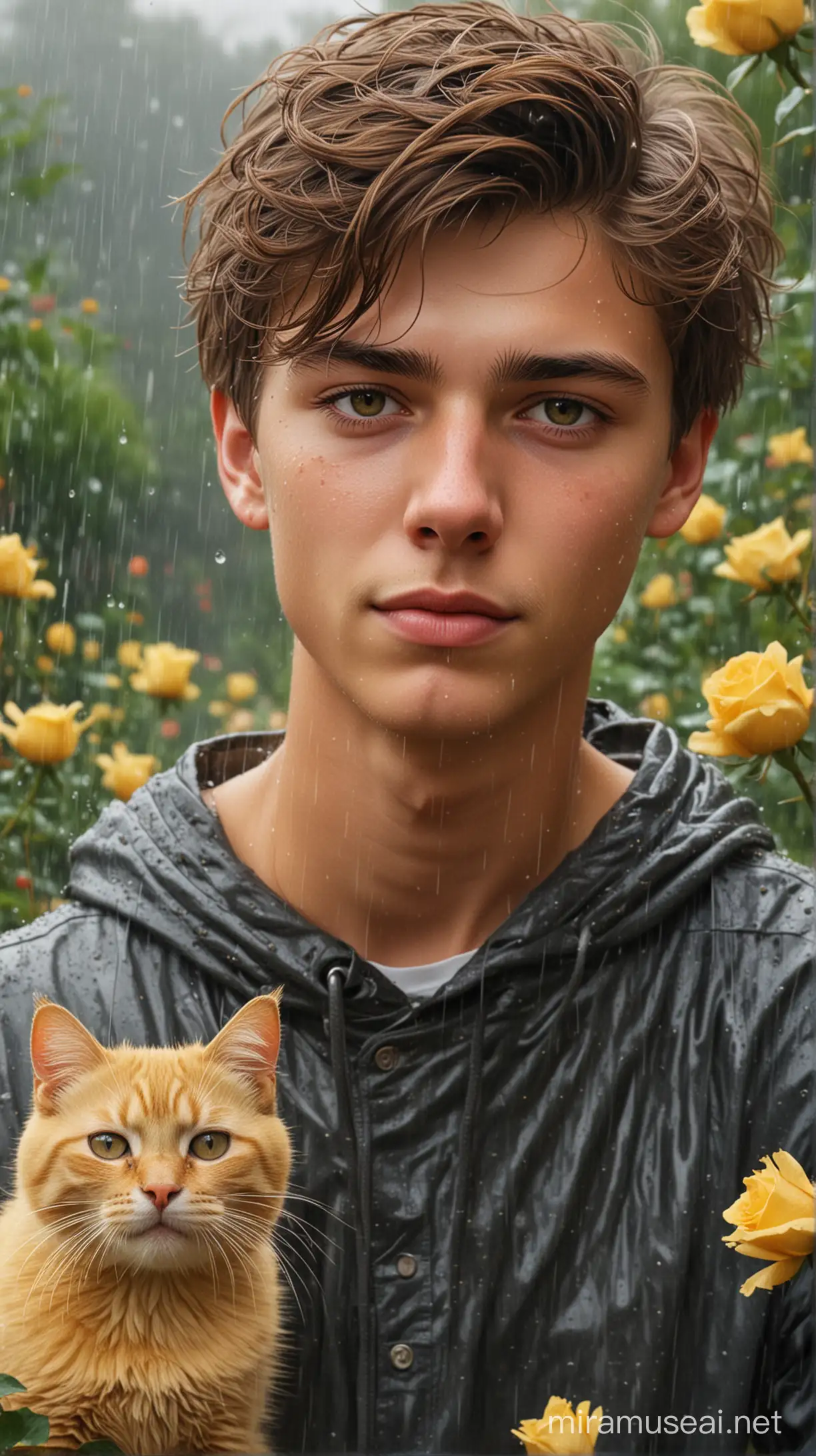 buatkan saya potret seorang pemuda tampan umur 18 tahun, berambut pendek, rambut terlihat tertiup angin, wajah lonjong, sedang menggendong seekor kucing kuning, latar belakang taman mawar hujan lebat nyata realistis halus dan original face.