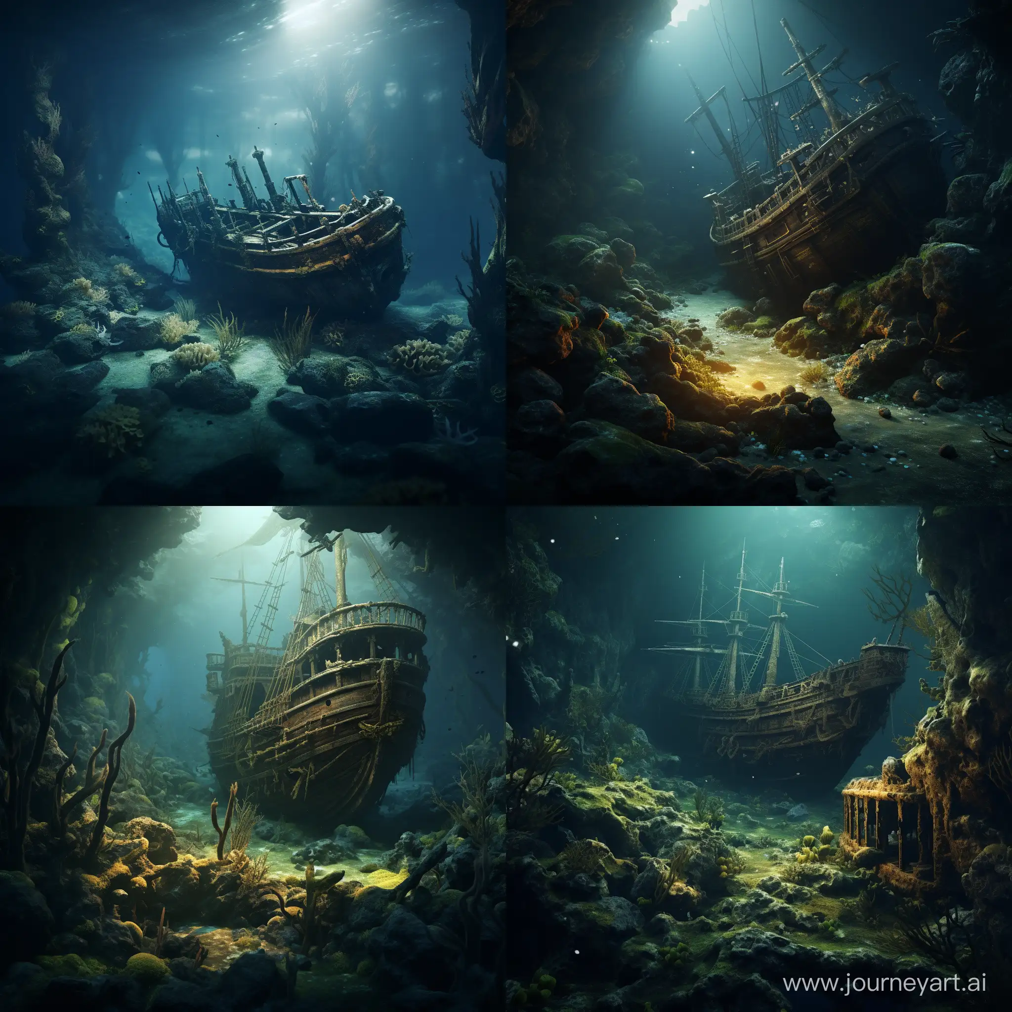 A realistic photo of an ancient shipwreck nestled on the ocean floor of a dark planet. marine plants have claimed the wooden structure, and fish swim in and out of its hollow spaces. Golden treasures and old bones are scattered around, providing a glimpse into the past. the place is dark and gloomy but hyper realistic