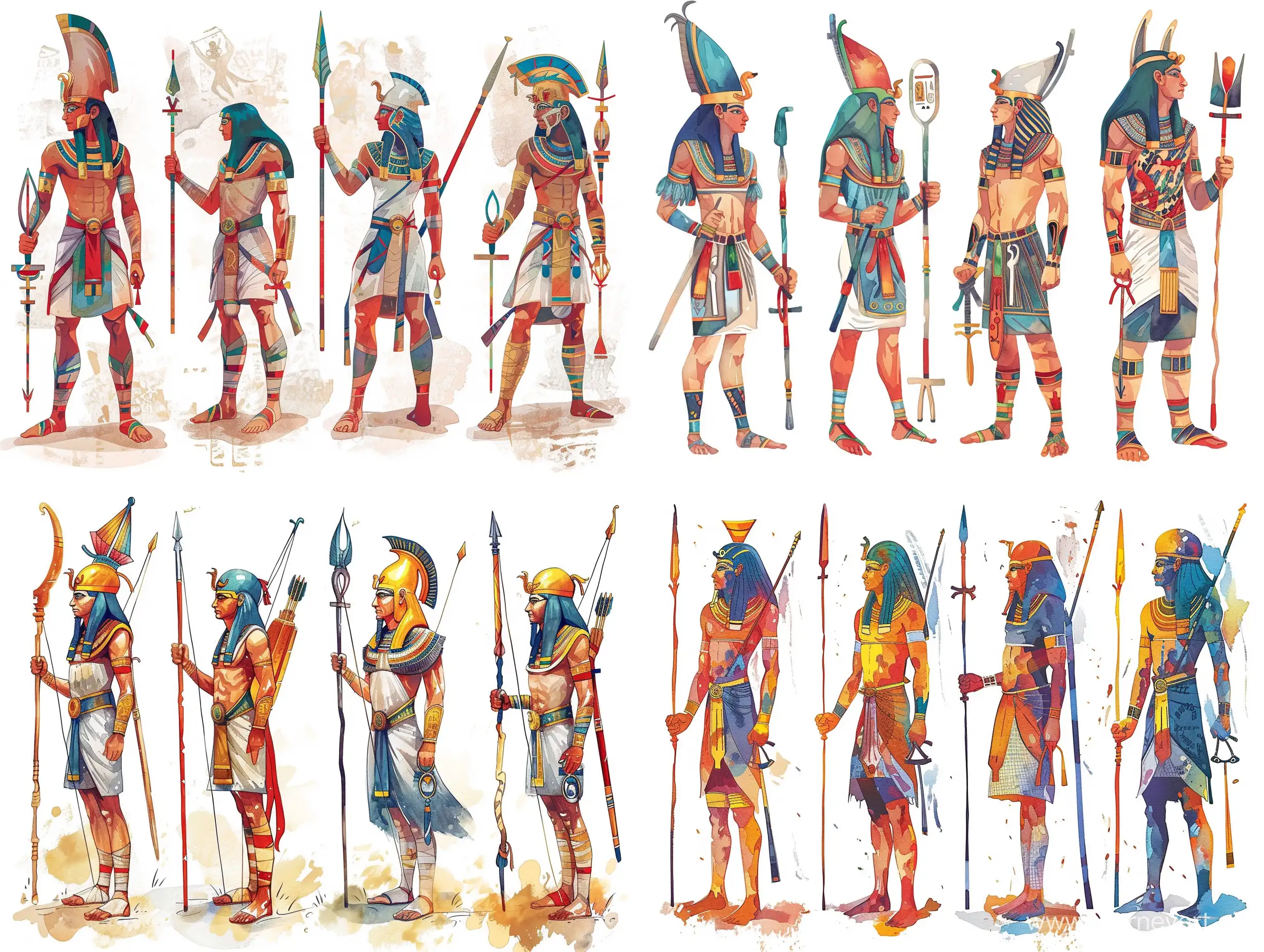 Six variants of the ancient of Egypt warrior ,stylized caricature, Victor Ngai, watercolor, decorative, flat drawing