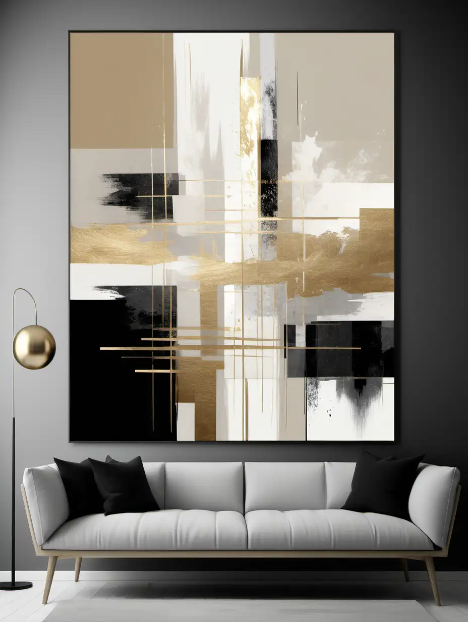 Large modern abstract image that incorporates white, beige, gold and black colours in horizontal and vertical brush strokes only. Nortic design