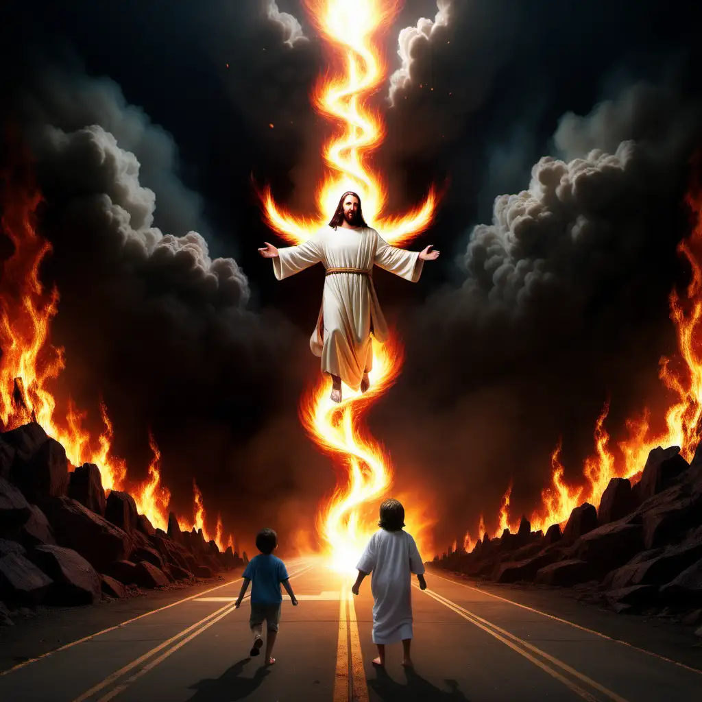 A hyper realistic sci-fi background with Jesus on one side versus a little boy on other side with fire like evil darkness trying to overtake them. 