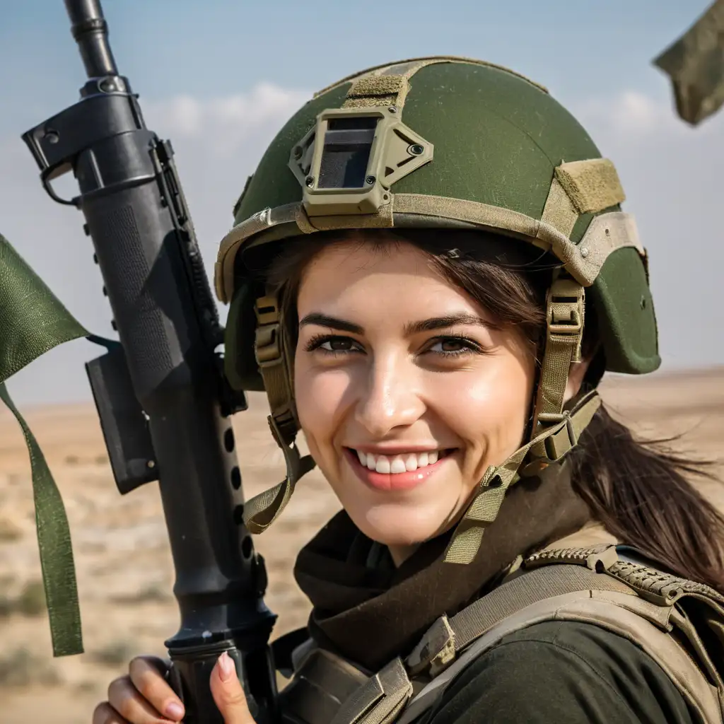 A beautiful young Ukrainian woman in military uniform smiles and holds an assault rifle while wearing the helmet of combat soldiers, standing on both sides with her arms crossed behind her back, dressed as a soldier from Gaza, taking pictures at storm edges, against desert backgrounds. The photo was taken using Canon camera