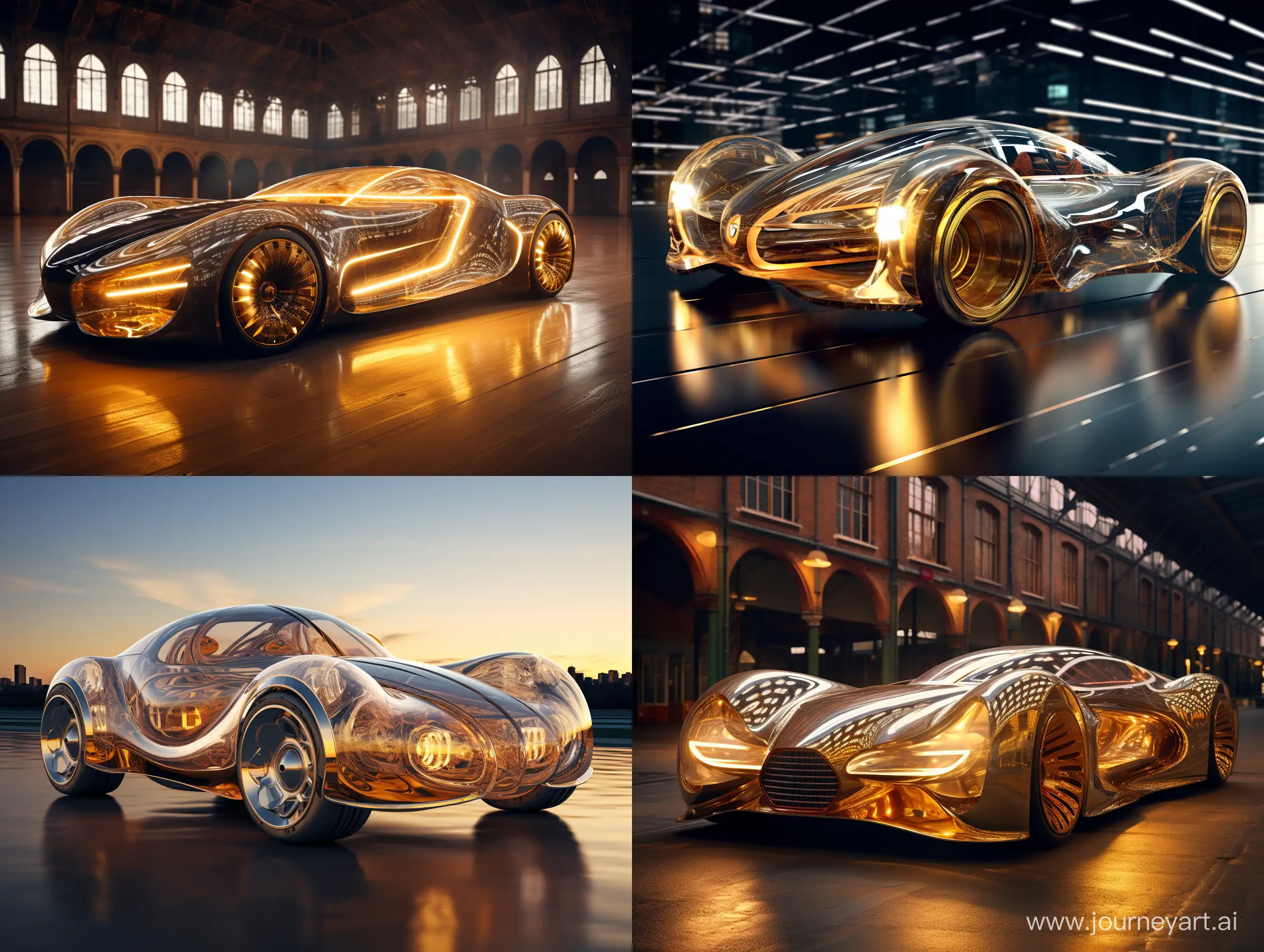 an image of a biomechanical translucent car, with golden lights, in the style of vray tracing, polished craftsmanship, fluid organic forms, lens flare, award winning, abstract formulations, leica r8, mechanical designs, metallic rotation, Thomas Heatherwick