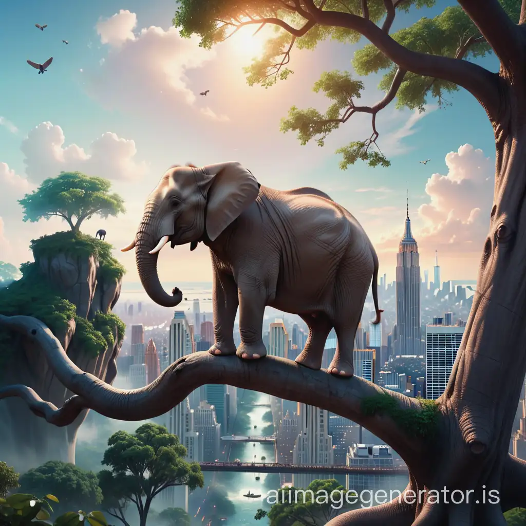 an elephant that is sitting on a tree branch, a matte painting, inspired by Chris LaBrooy, magical realism, new york in the future, acrophobia, from a movie scene, advertising photo, animated movie scene