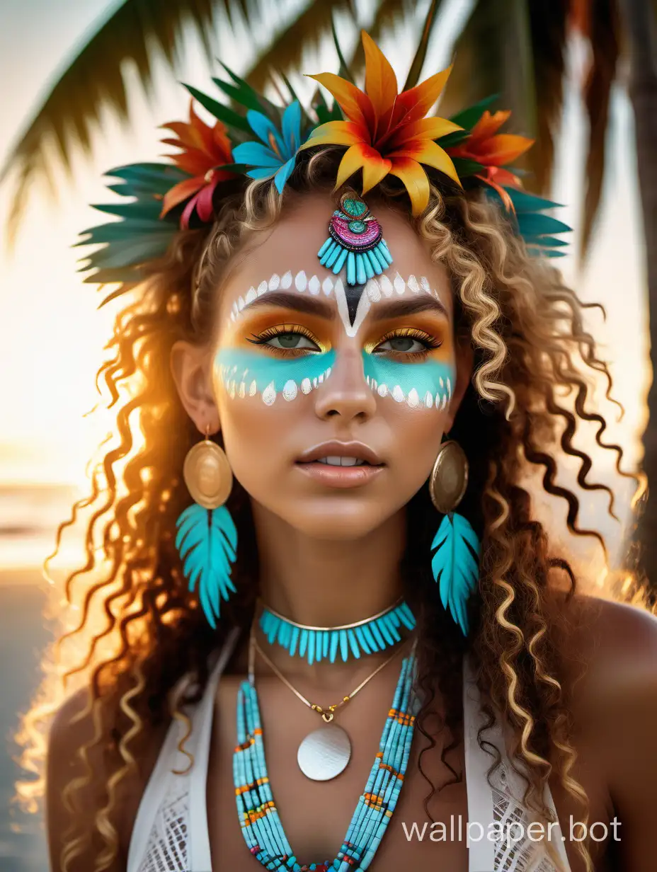 Nordic-Model-with-Tribal-Face-Painting-and-Boho-Chic-Fashion-at-Golden-Hour-on-Tropical-Beach