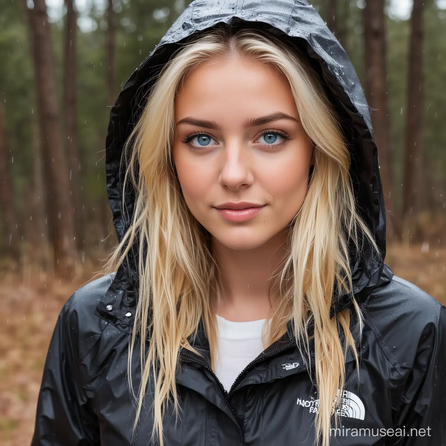 A sexy 21-year-old woman with blonde hair and blue eyes, wearing a black The North Face rain jacket