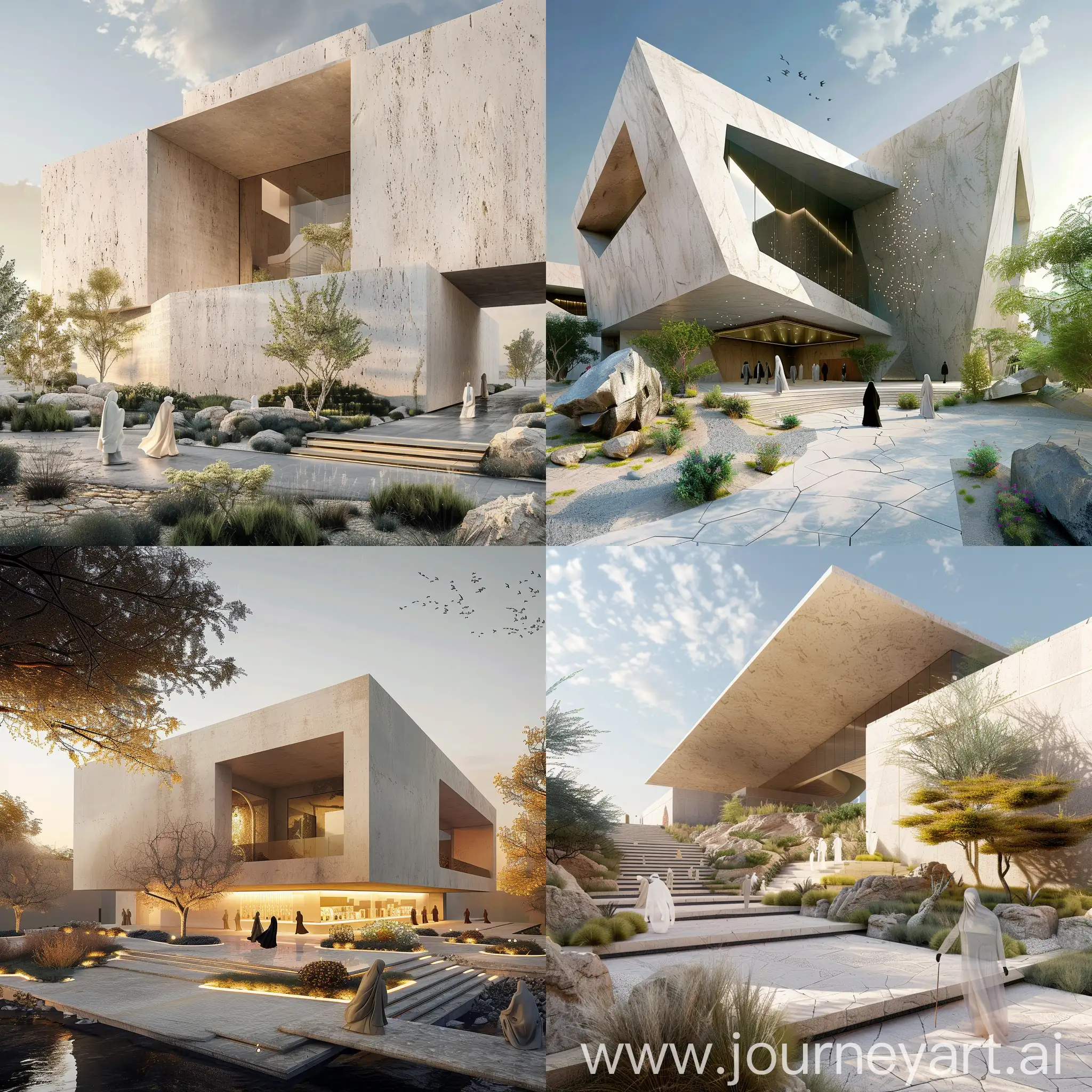 hyper realistic modern  exterior design for jewelry museum in Hijazi Arabian style with and landscape with interactive people