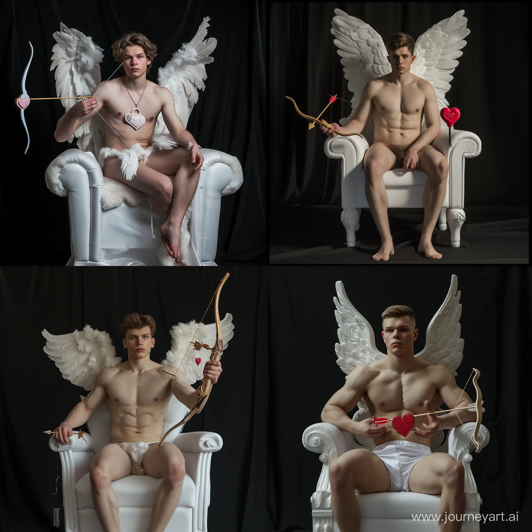 A 30-year-old cupid with a smooth face, who weighs 80 kg, sits in a black studio, on a white throne with a toy bow in his hand and an arrow with a heart, his face is open and looks straight
