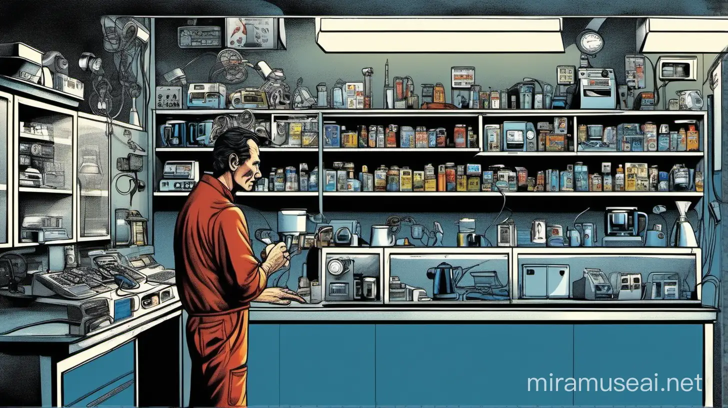 In the year 2031, a 40 year old appliance repairman, behind the counter of his store, many electric service equipment lining the walls, cup of coffee, glass counter with little electronic inventions are displayed, shadow of mysterious visiter in the doorway, no coveralls, wearing blue shirt breast pocket with little tools