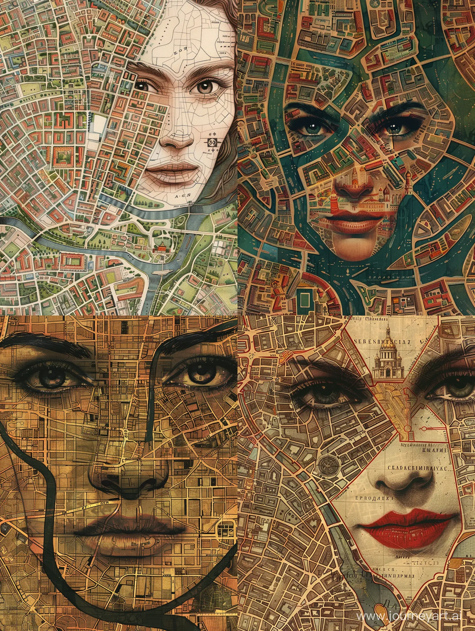 Moscow map, streets and houses, butiful woman's Face bihaind the streets, details