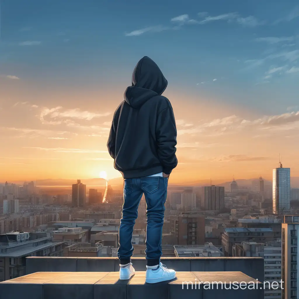 Generate me a guy of short height who is wearing a dark hoodie and blue jeans and white sneakers and around him is the evening city and he is standing on the roof of a high-rise building and thinking looking at the sunrise.