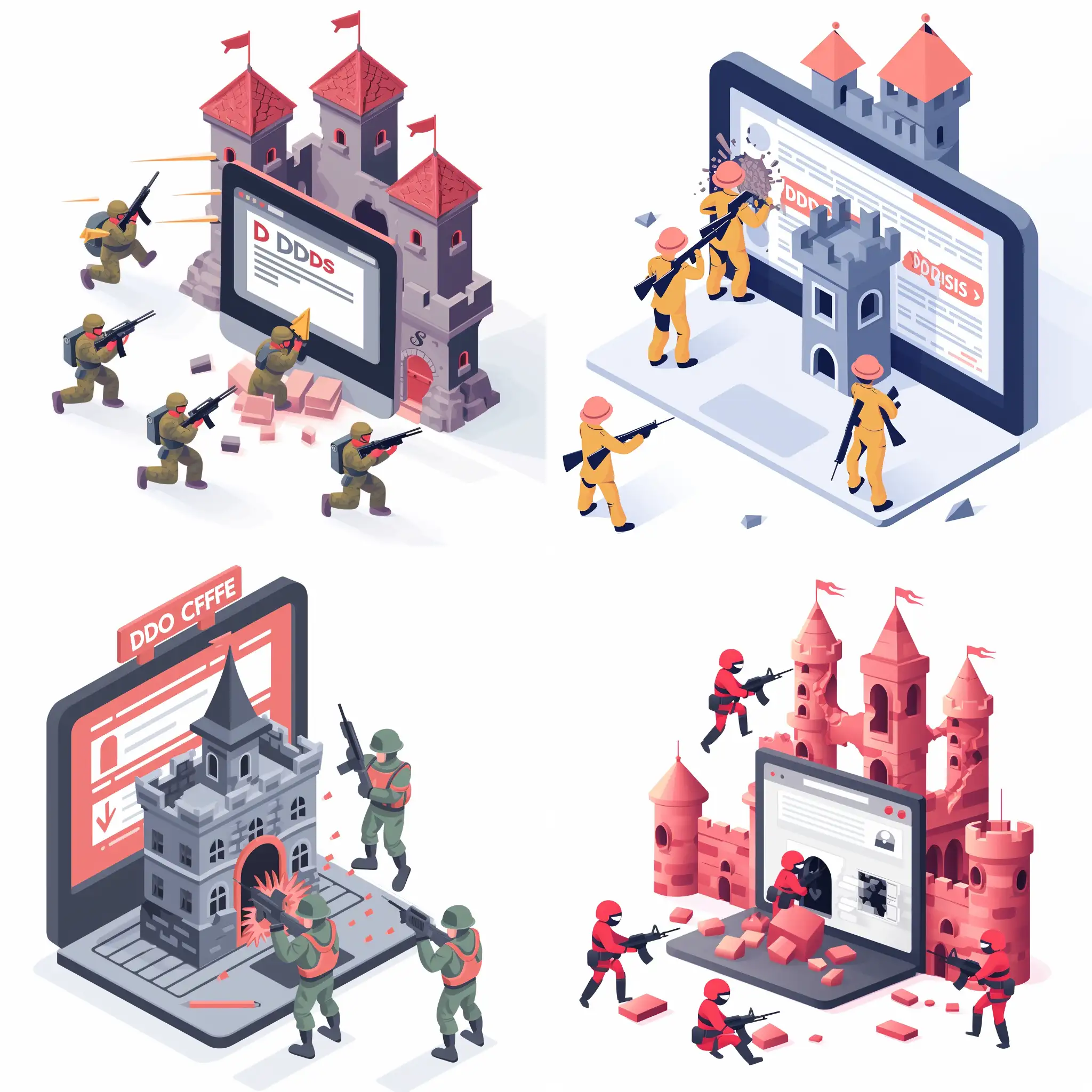 illustration a minimal graphic image about DDoS attack ruining a website. imagine some soldiers attacking to castle of website with concept of DDoS attack with plain white background (Code: FFFF)