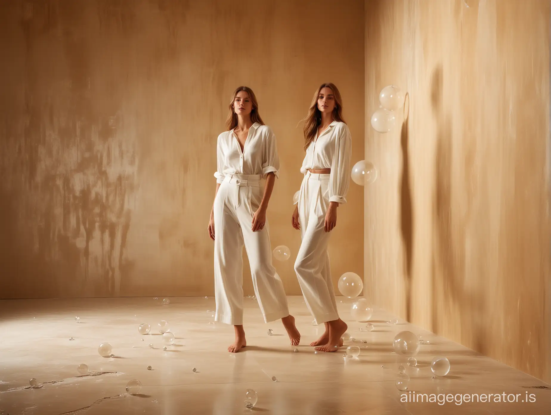 from head to toes man and female models with straight hair wearing elegant ivory beach casual clothes, many big glass light spheres all over the floor not hanging, against light gold wall background with dramatic shadows and reflections