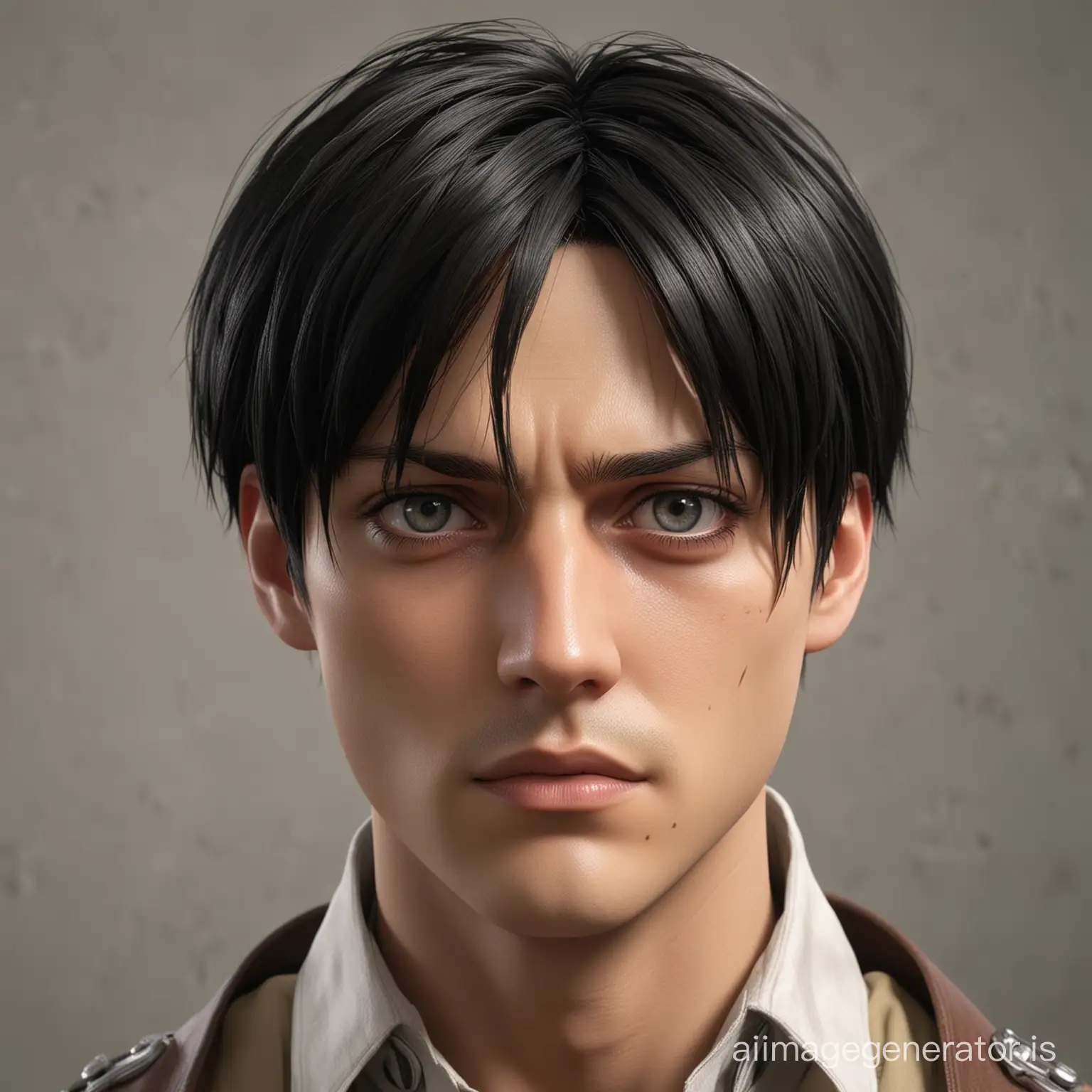 A hyper-realistic portrayal of Levi Ackerman from Attack on Titan, short black hair, curtained hairstyle, grey-colored eyes, eyes are narrow and small, heavy-lidded eyes, sharp features, wiry, lean build, muscular, man, solo, survey corps