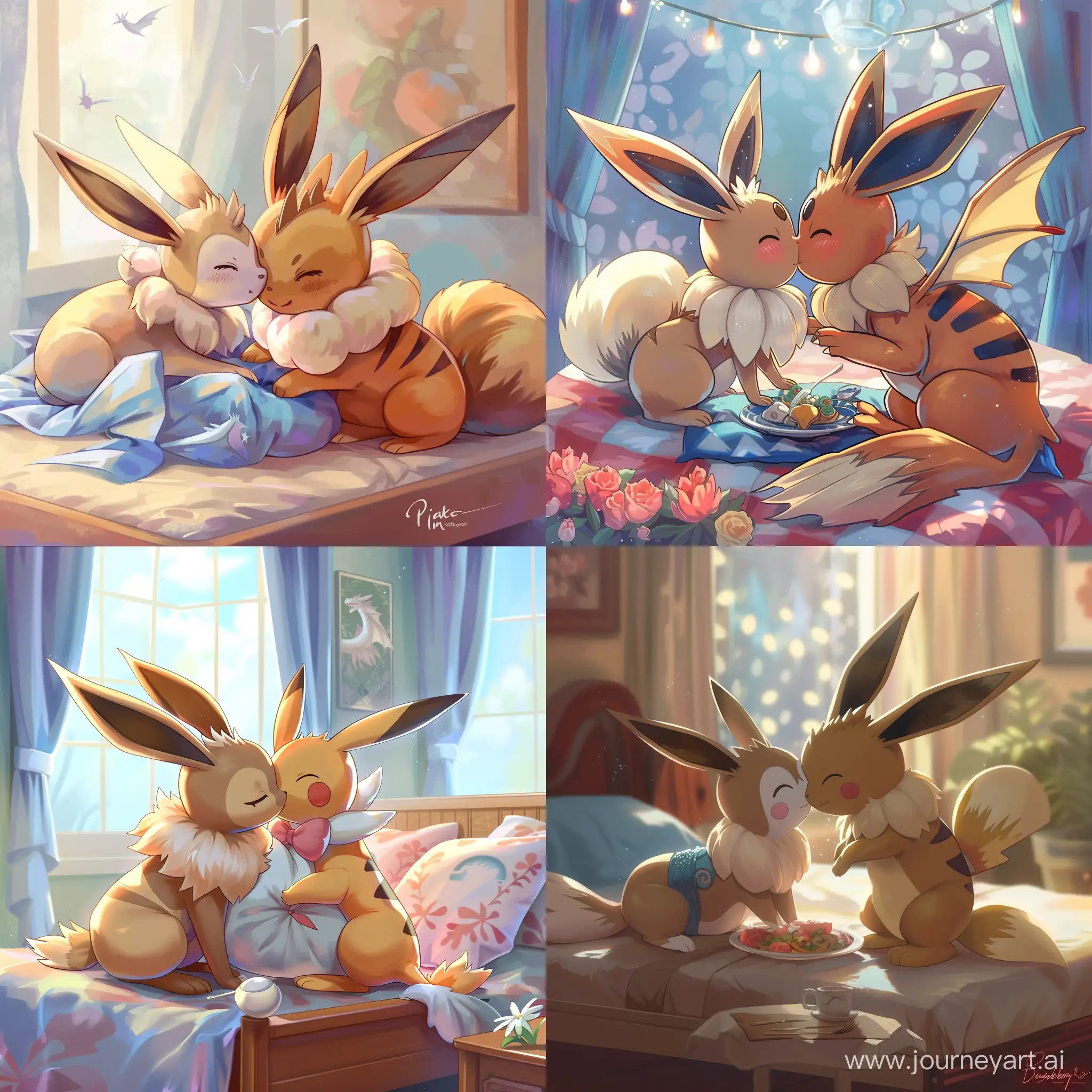 Eevee kissing Sylveon on Pikachu's bed after dinner with Dragonite