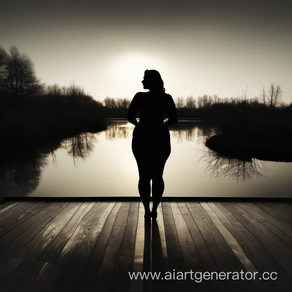 The silhouette of a curvy woman standing on a wooden deck looking into a pond.