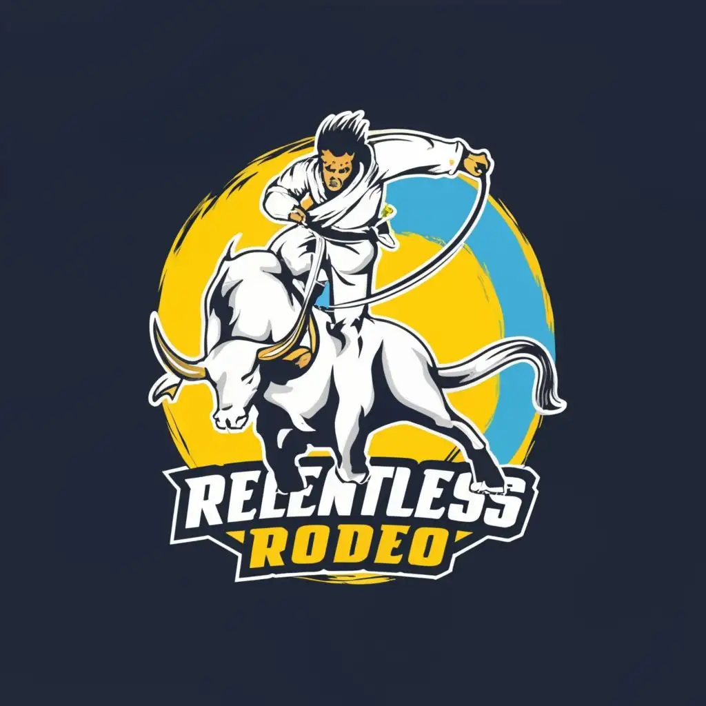 logo, Brazilian Jiujitsu Athlete in a kimono with a white belt riding a bull happy tone

color is bright yellow, white and blue like the Ukrainian flag, with the text "RELENTLESS RODEO", typography, be used in Sports Fitness industry