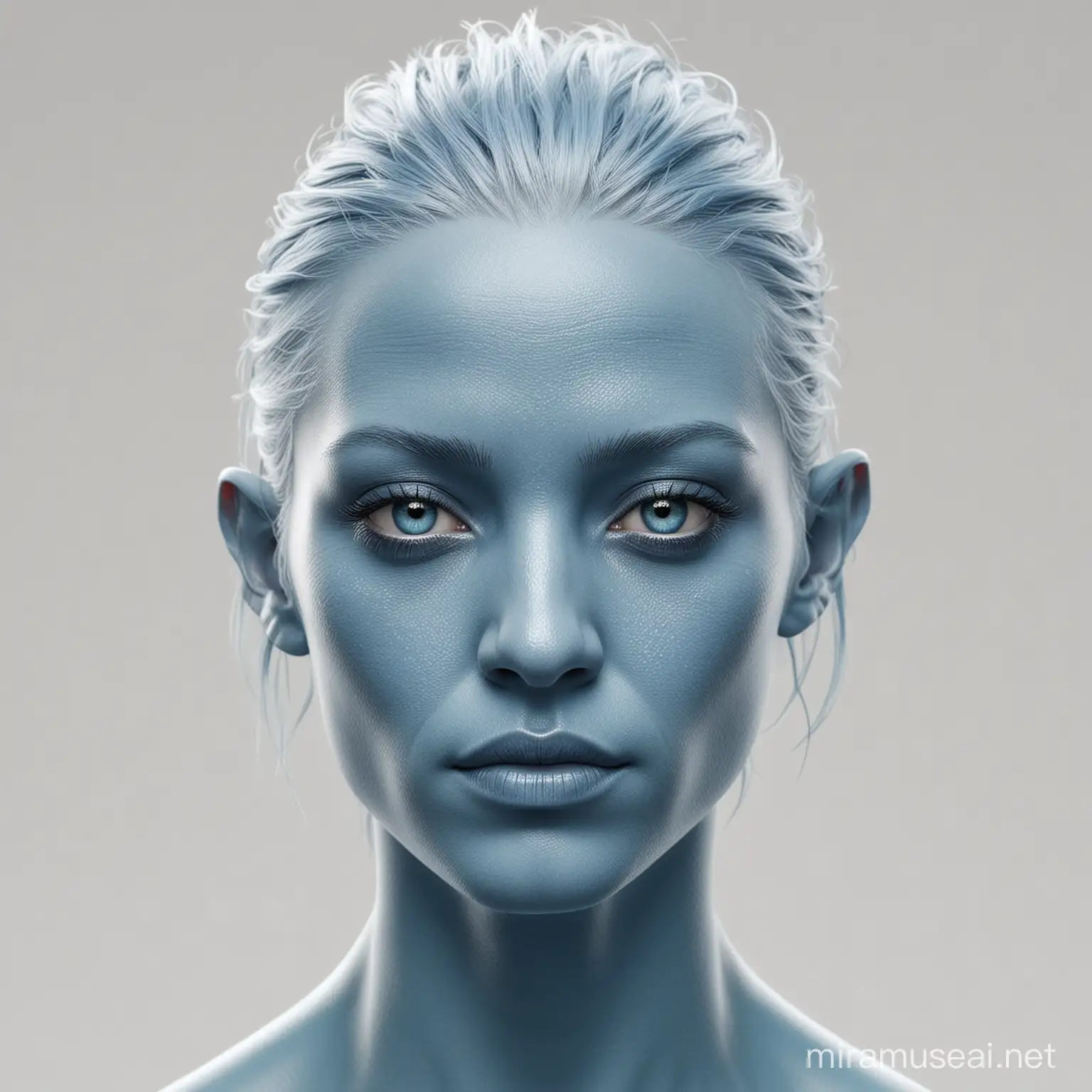 blue skinned avatar person white background photo realistic headshot 

