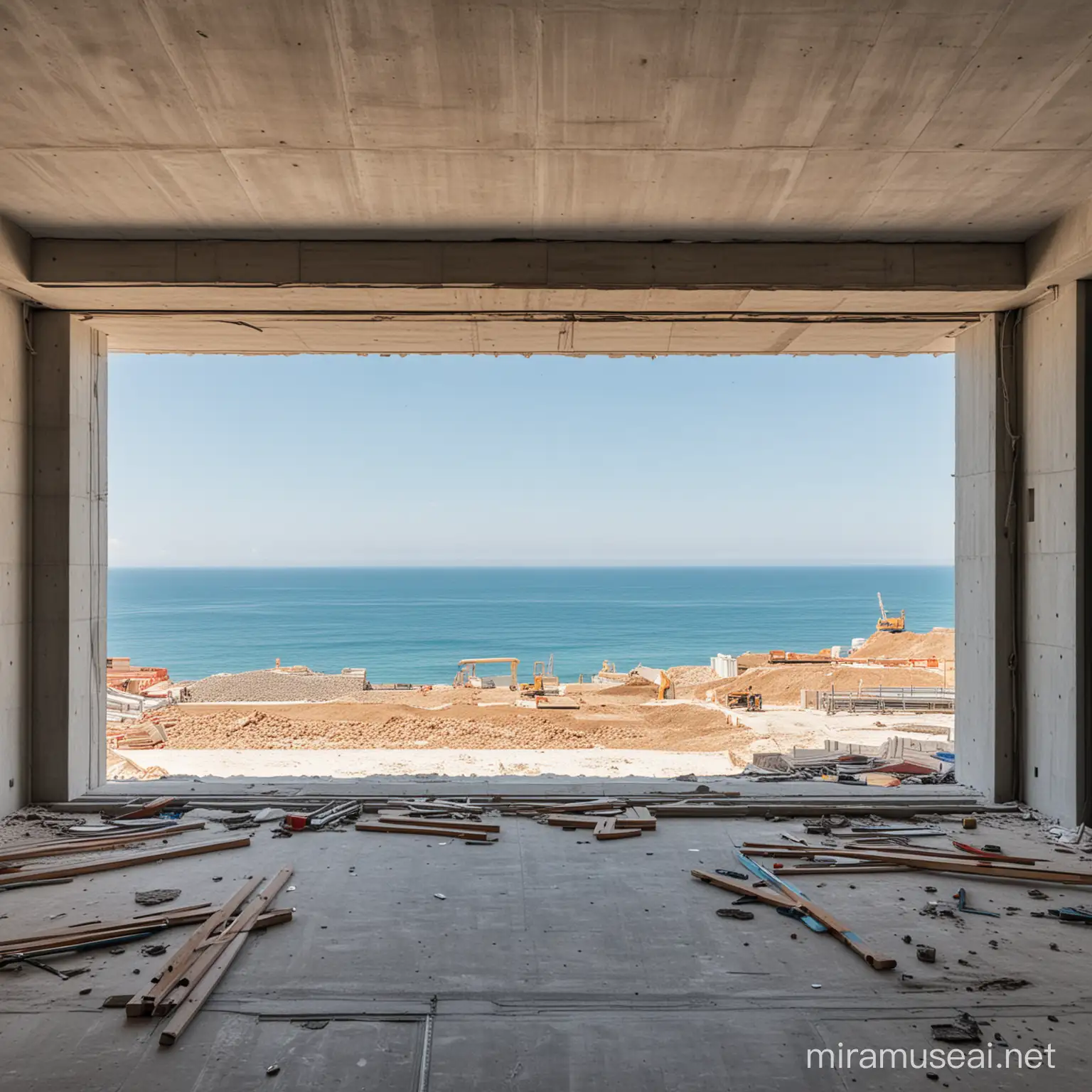 make a photo of a modern and sleek construction site from a modern villa near the sea with views of it. The view of the photo is from the interior of the construction site. There are no workers and is broad daylight.