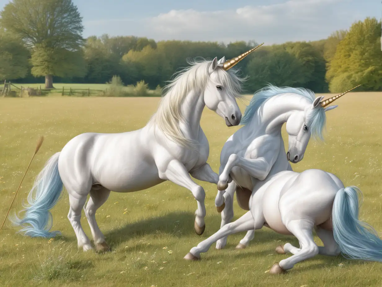  unicorns playing in the corner of a field 