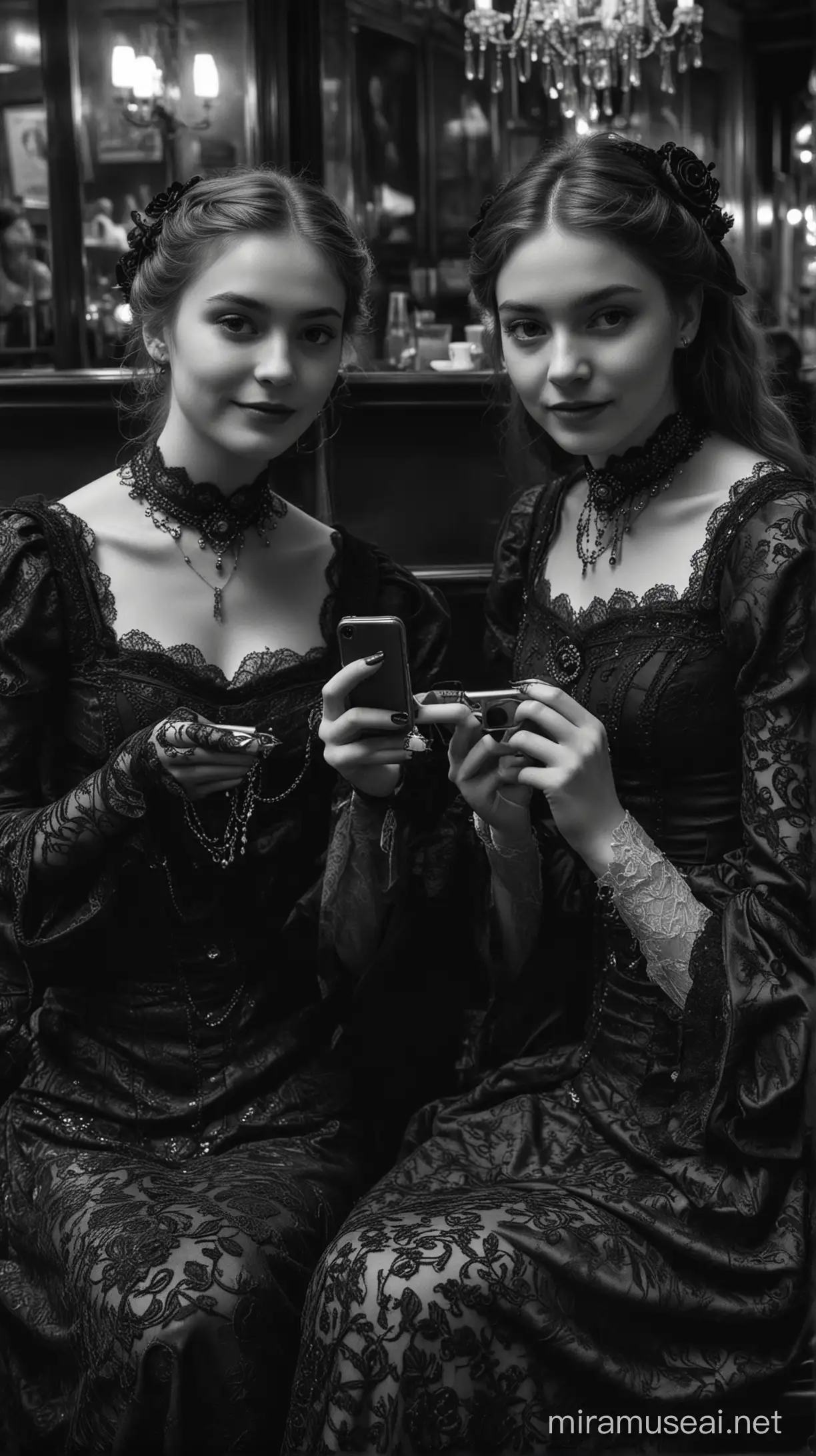 A black and white photograph of two Victorian-era girls sitting inside a dimly lit coffee shop, adorned with intricate and eerie decorations. They are both dressed in elegant, dark-colored gowns with lace details. One girl is holding an iPhone, while the other is smiling for the selfie. The ambiance of the photo is dark and mysterious, capturing the essence of a dark fantasy., photo, dark fantasy