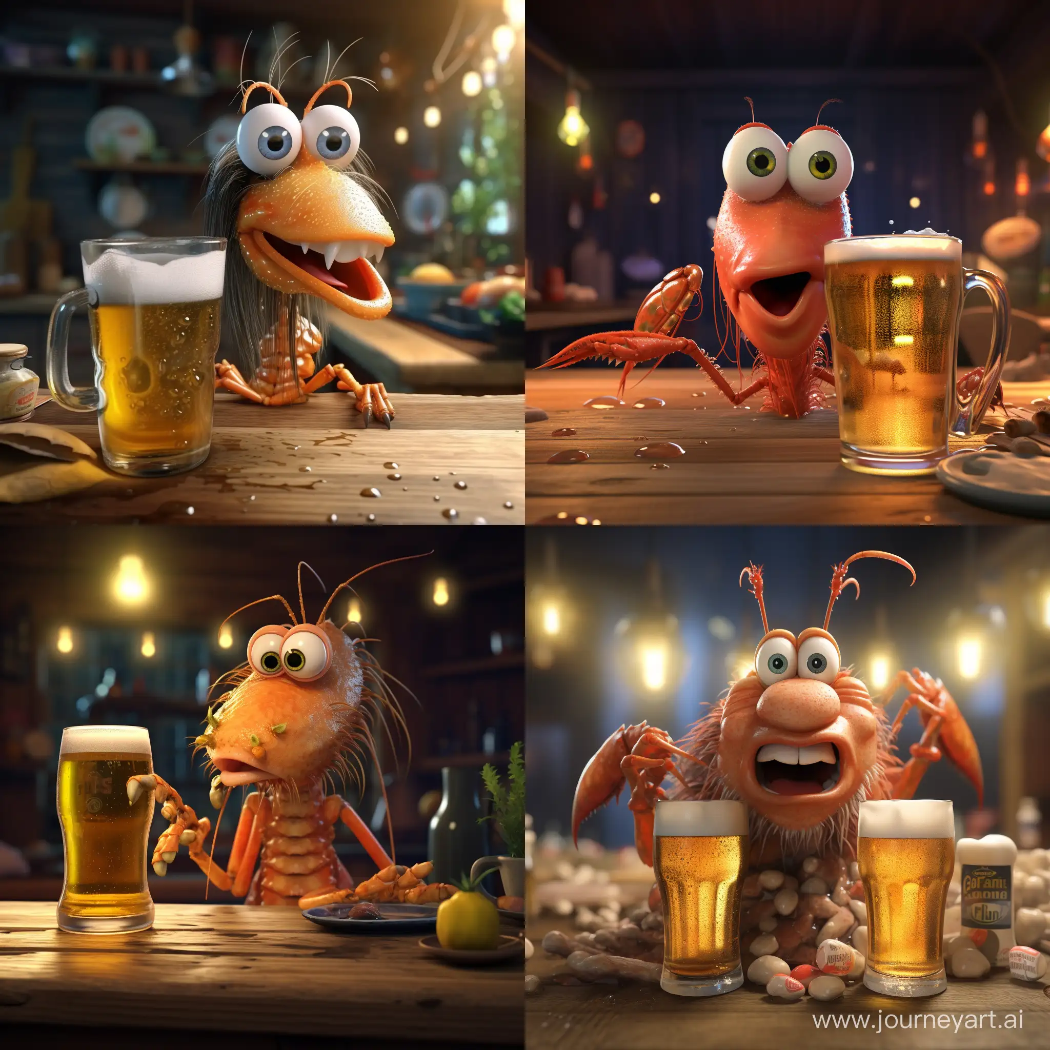 The shrimp is drinking beer. 3D animation