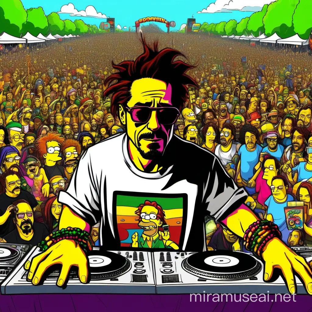 Robert Downey Jr DJing at Boomtown Festival Rave in Simpsons Style