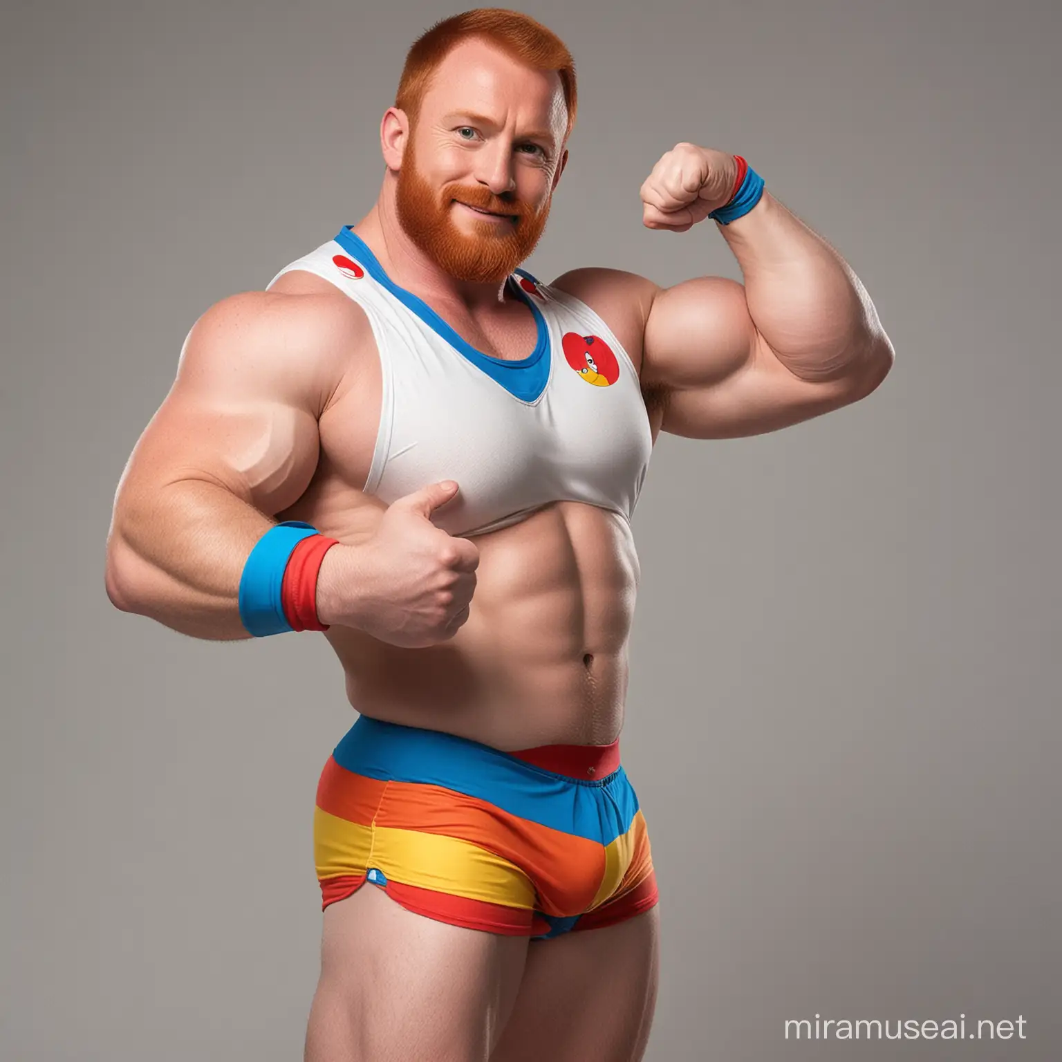 Topless Beefy Charming 30s Red Head IFBB Muscled Daddy wearing unzipped Space Jacket Vest Mixed Rainbow Coloured Short Shorts Flexing his Big Strong Arm holding Doraemon