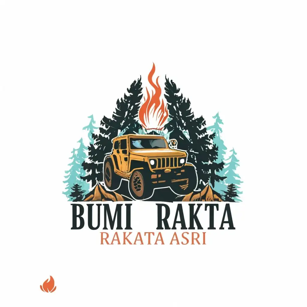 logo, the number six shape with a blue bonfire and jeep in the forest design, with the text "BUMI RAKATA ASRI", clear typography, be used in Automotive industry