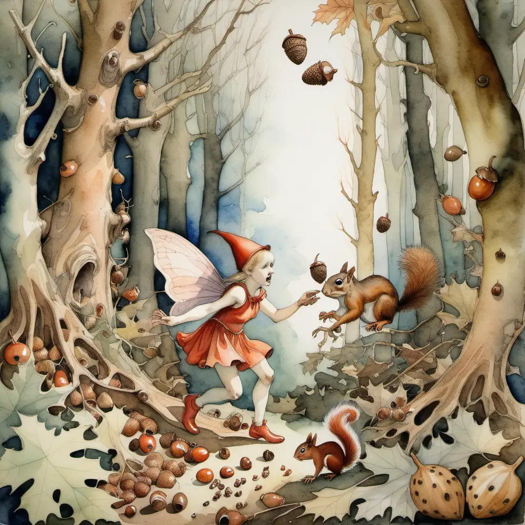 Watercolour fairytale in the style of Richard Dadd. A frightened pixie collecting acorns in a fairy wood. A hungry squirrel