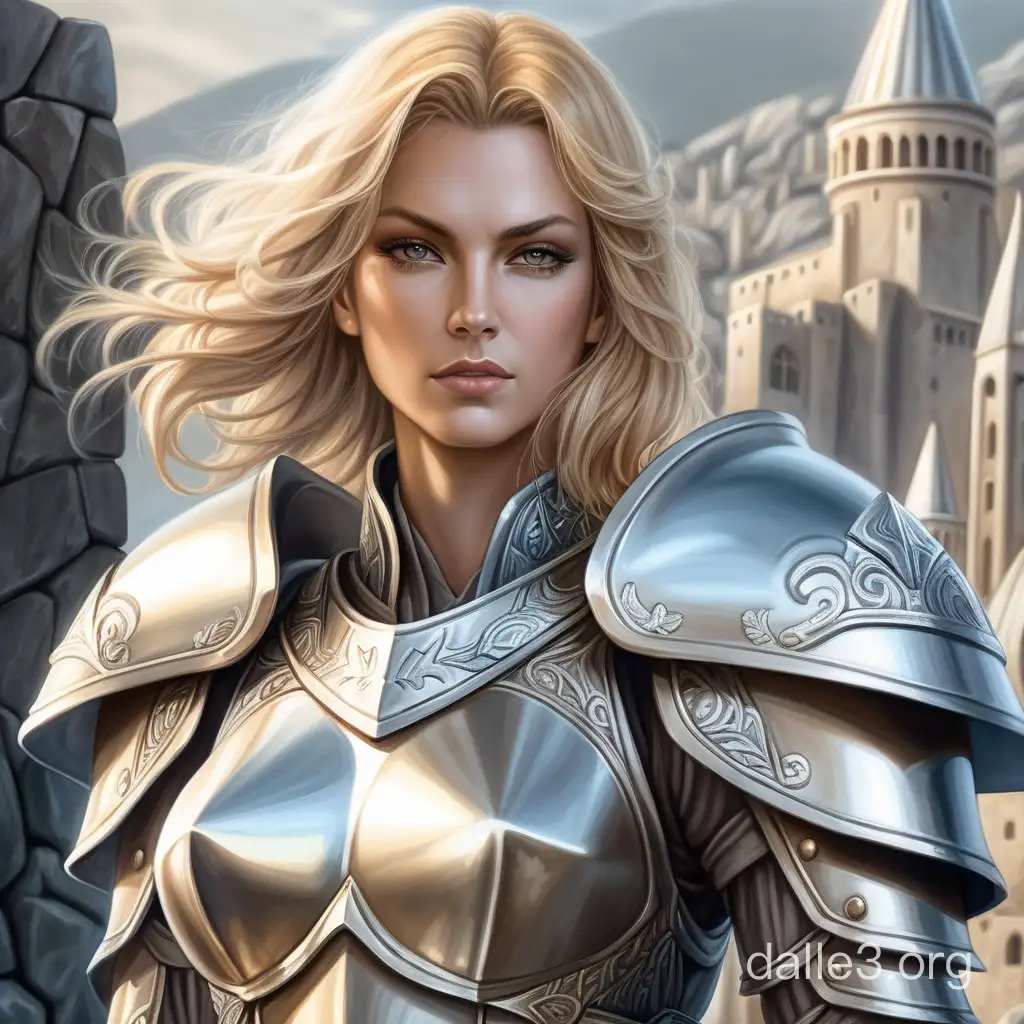 Stoic Female Paladin Stands Tall Against Fantasy City Backdrop | Dalle3 AI