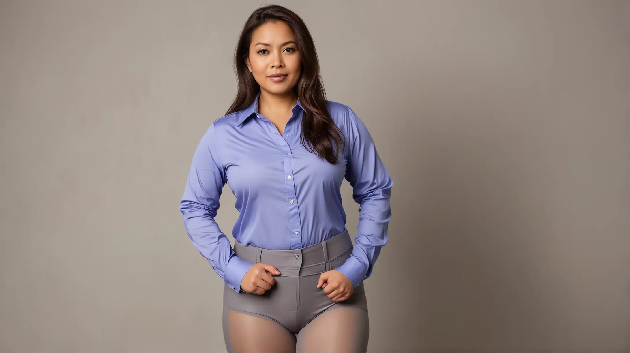 Beautiful, Curvy, Mature Filipino Woman, untucked Purple Button Down Shirt, Gray Pantyhose, exercises with her teen daughter, wearing an untucked blue button down shirt, gray pantyhose, hands on hips.