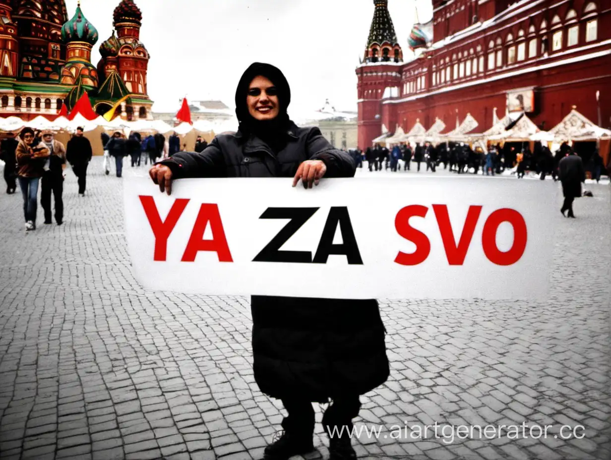 Freddi-Fazber-Holds-a-Sign-with-YA-ZA-SVO-in-Red-Square