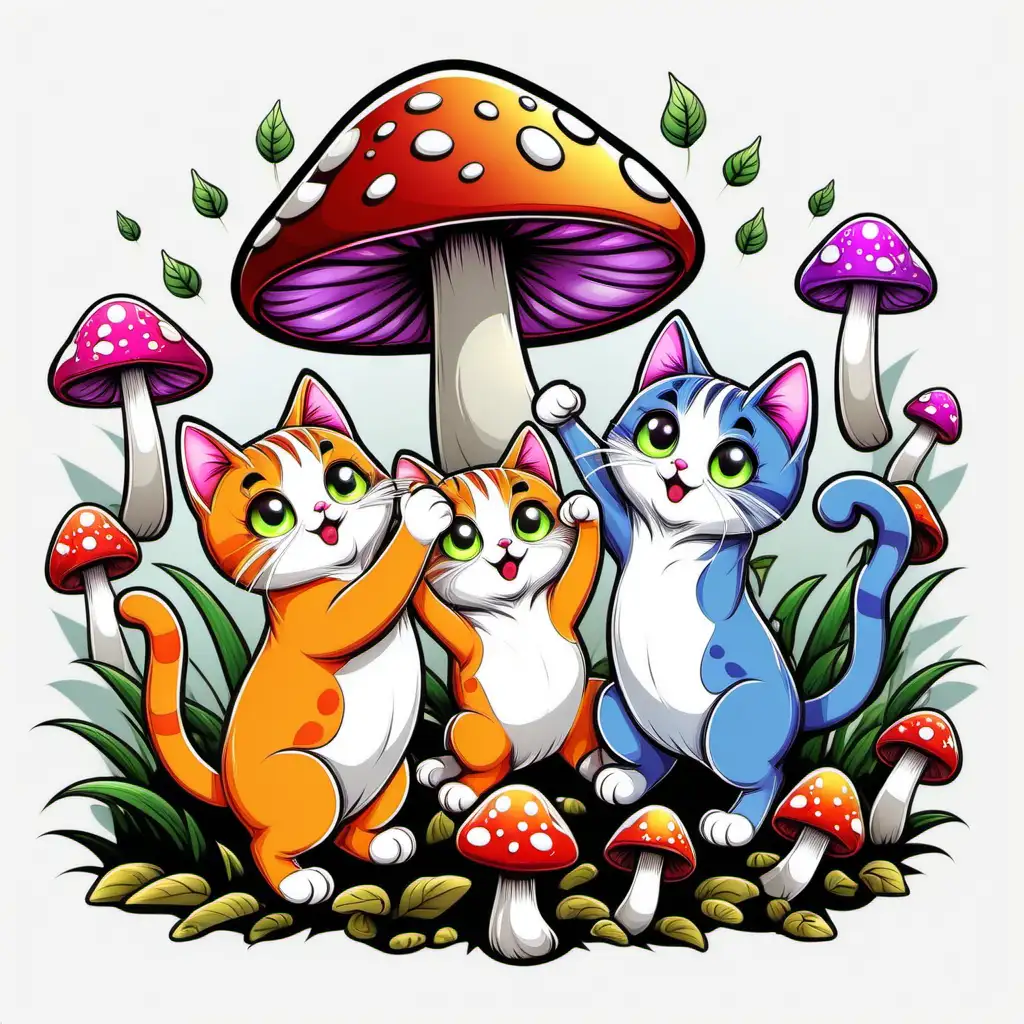 
 an illustration of cats playing, mushrooms, cartoon style, cute and adorable, white background, colorful, vibrant, vector art, contour cut, print ready design on transparent glass, high resolution --ar 8:11