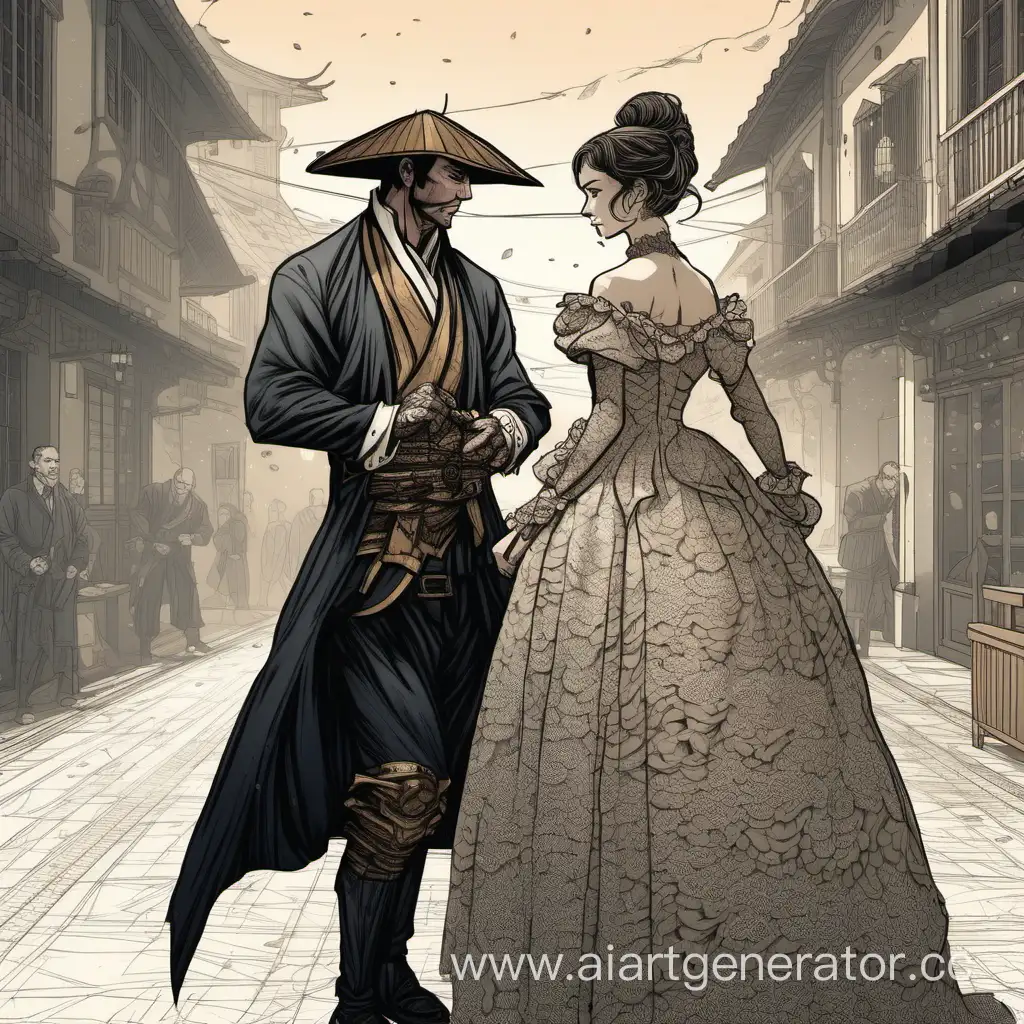 Ronin protects a European aristocrat in a lace dress