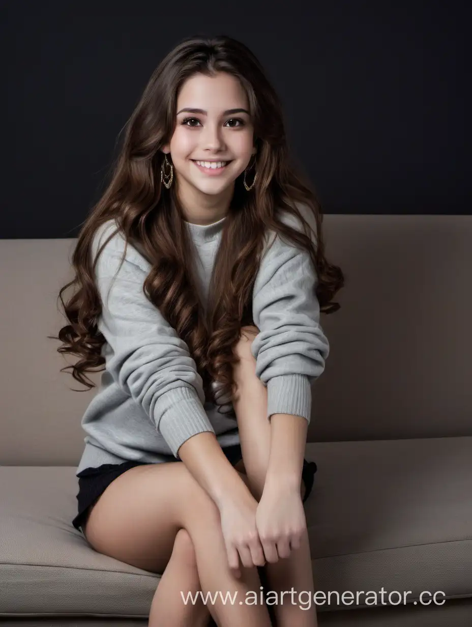 1girl, solo, long hair, earrings, jewelry, sitting, sweater, looking at viewer, head tilt, couch, hand between legs, very long hair, lips, wavy hair, between legs, brown hair, watermark, black hair, closed mouth, smile, artist name, brown eyes, grey background, black eyes, eyelashes