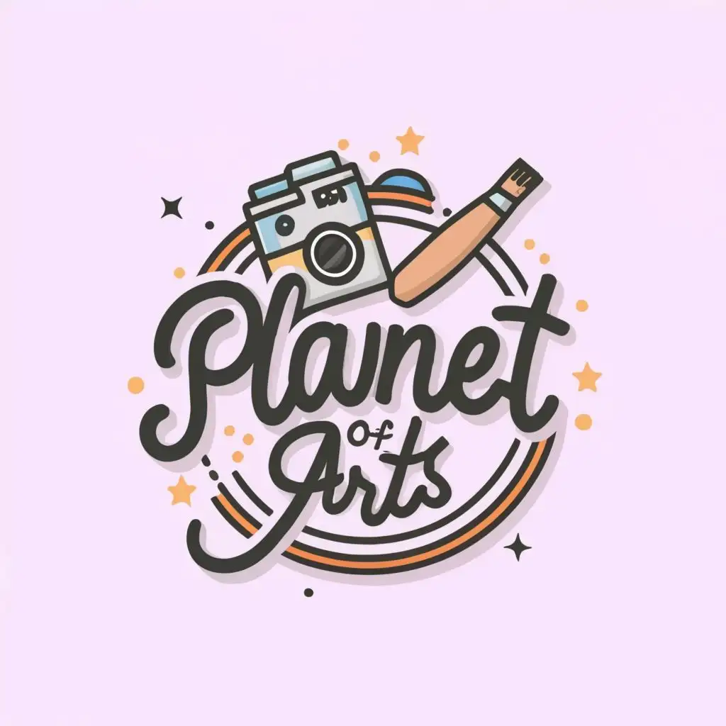 logo, Pastel purple and cream with black and white line, painting brush, camera, kids style, not hand writing fonts, easy to read the logo, with the text "Planet of Arts", typography, be used in Education industry