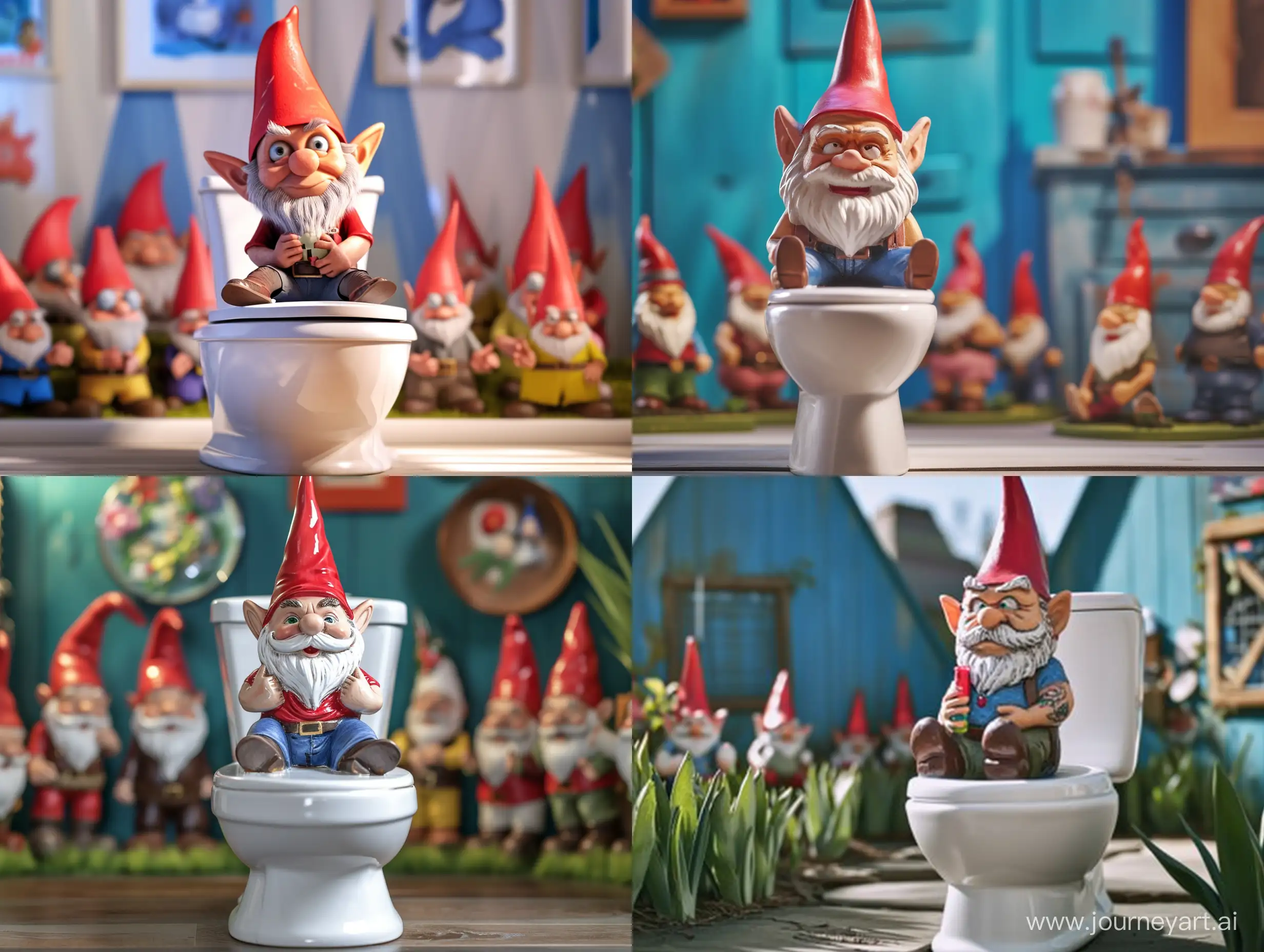 Whimsical-Scene-Mega-Pumped-Gnome-on-Giant-White-Toilet-Surrounded-by-Gnomes