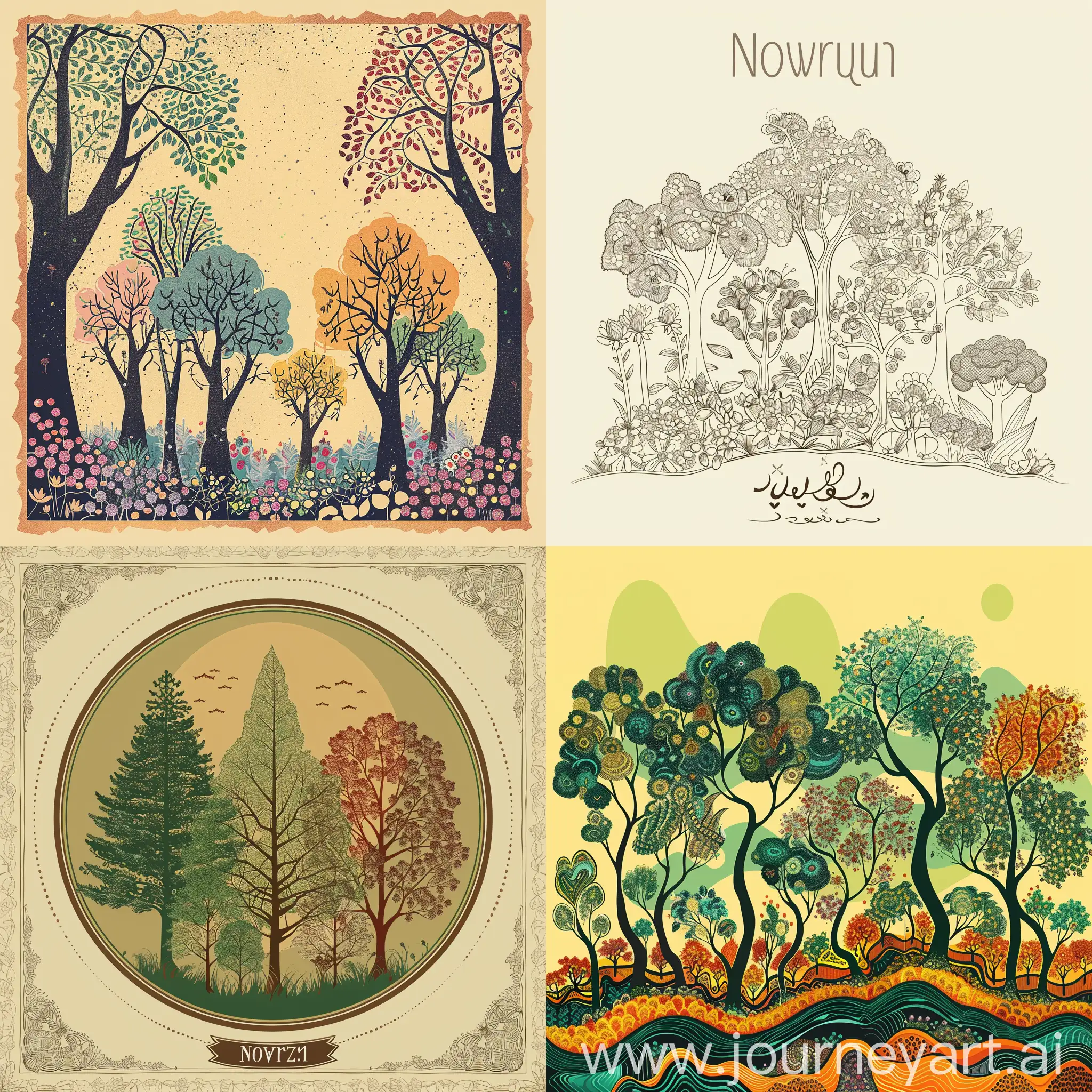Nowruz poster, in the style of Iranian miniature, trees, nature, line art