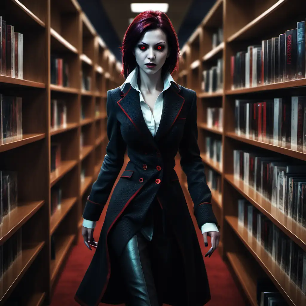 A female Tremere, red eyes, high status, modern clothing, expensive clothing, scouring through a library shelf, realistic