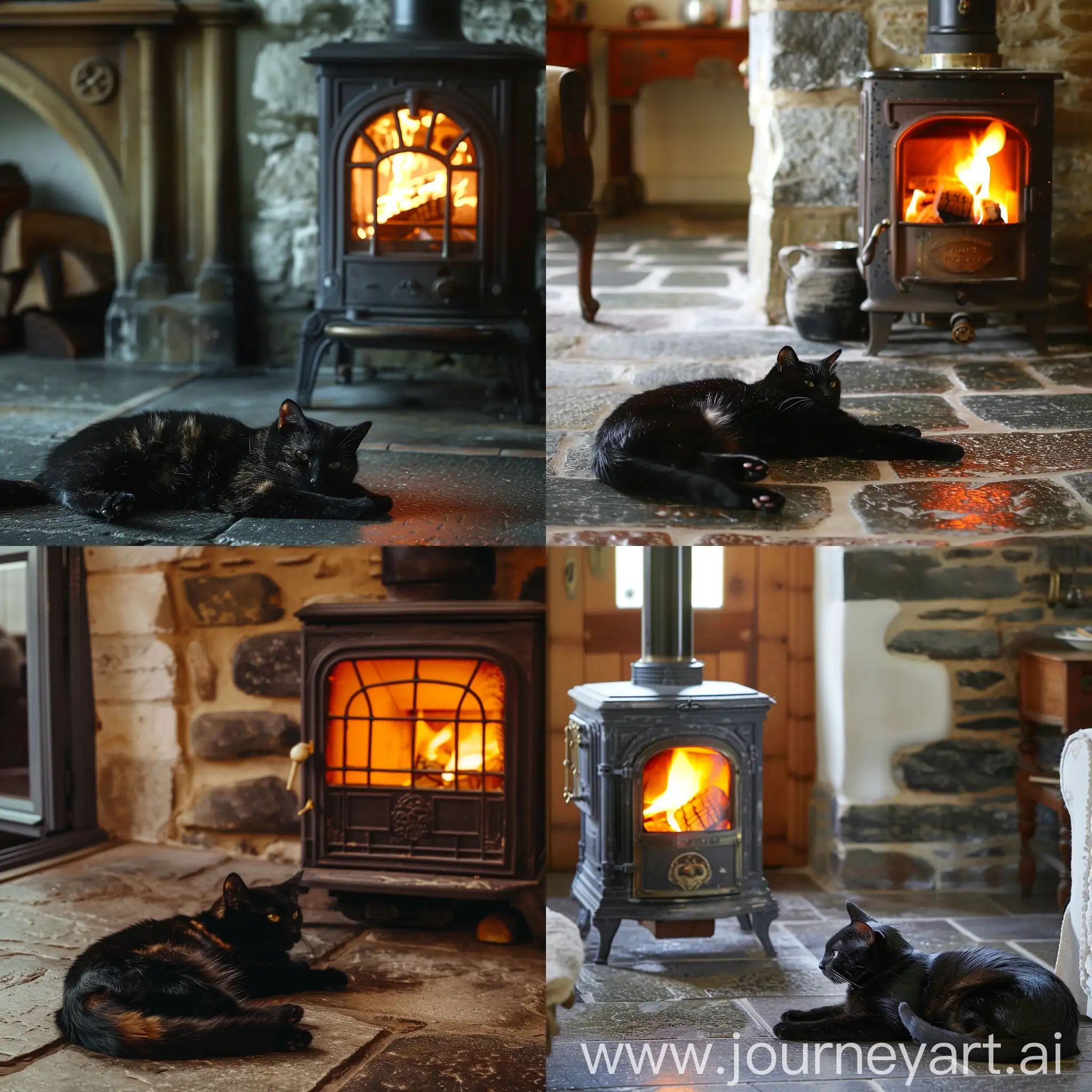 in a cozy living room, a black beautiful cat lies down on stone floor and enjoys warmth near a medieval wood-burning stove. The stove emits a warm glow, creating a comfortable atmosphere