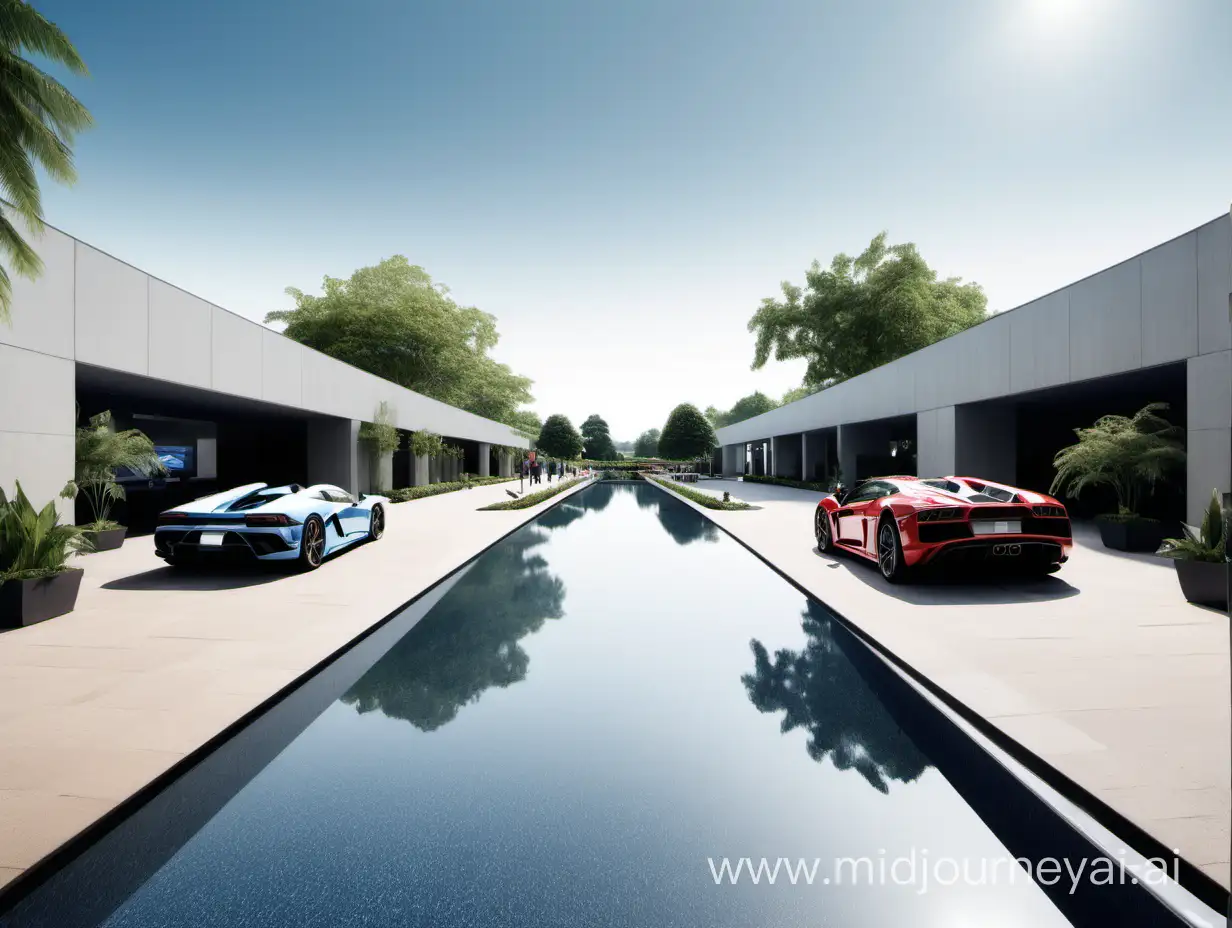 sport car show room with pathway next to pool of water on either side open sky with garden around and people to walk on those pathways to see the cars