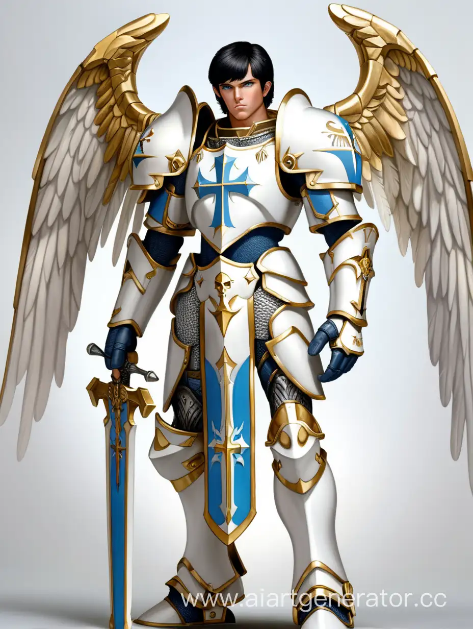 Angel, warhammer miniatures style, short black hair, blue eyes, warhammer white and golden knight armor with cross, halo, male character 